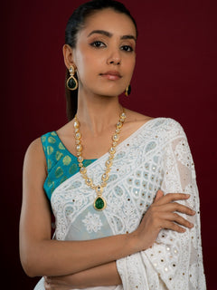 Emerald Fine Tear Drop Kundan Long Necklace Set (Necklace & Earrings Set) - QUEENS JEWELS