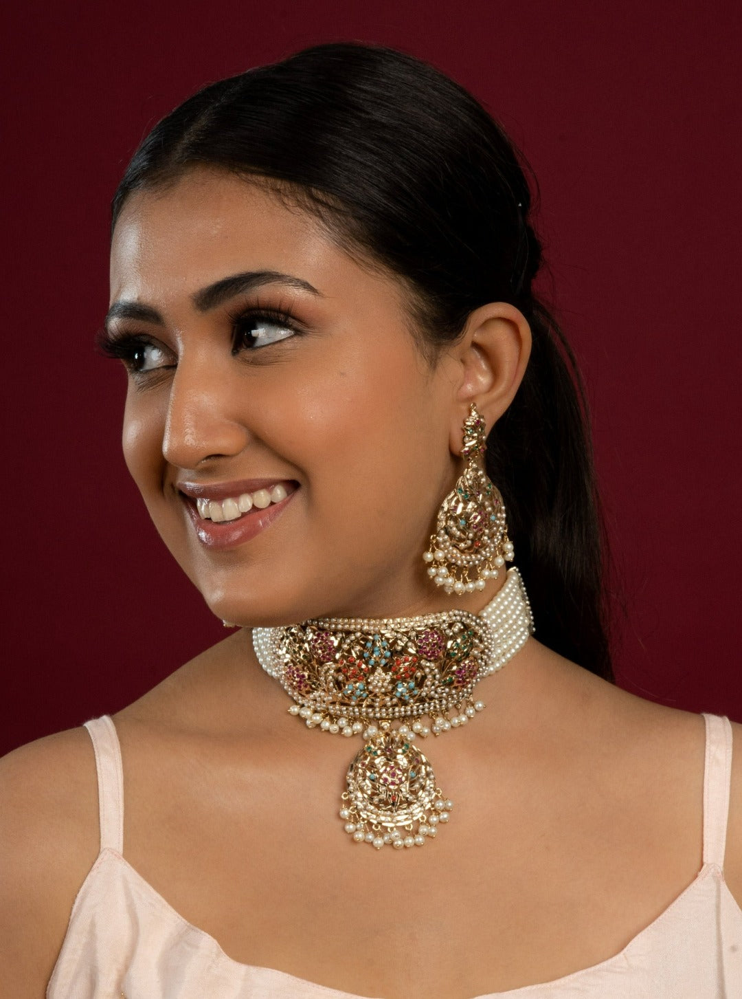 Bridal Navratan Jadau Neckhugging Choker Set (Choker With Earrings Set) - QUEENS JEWELS