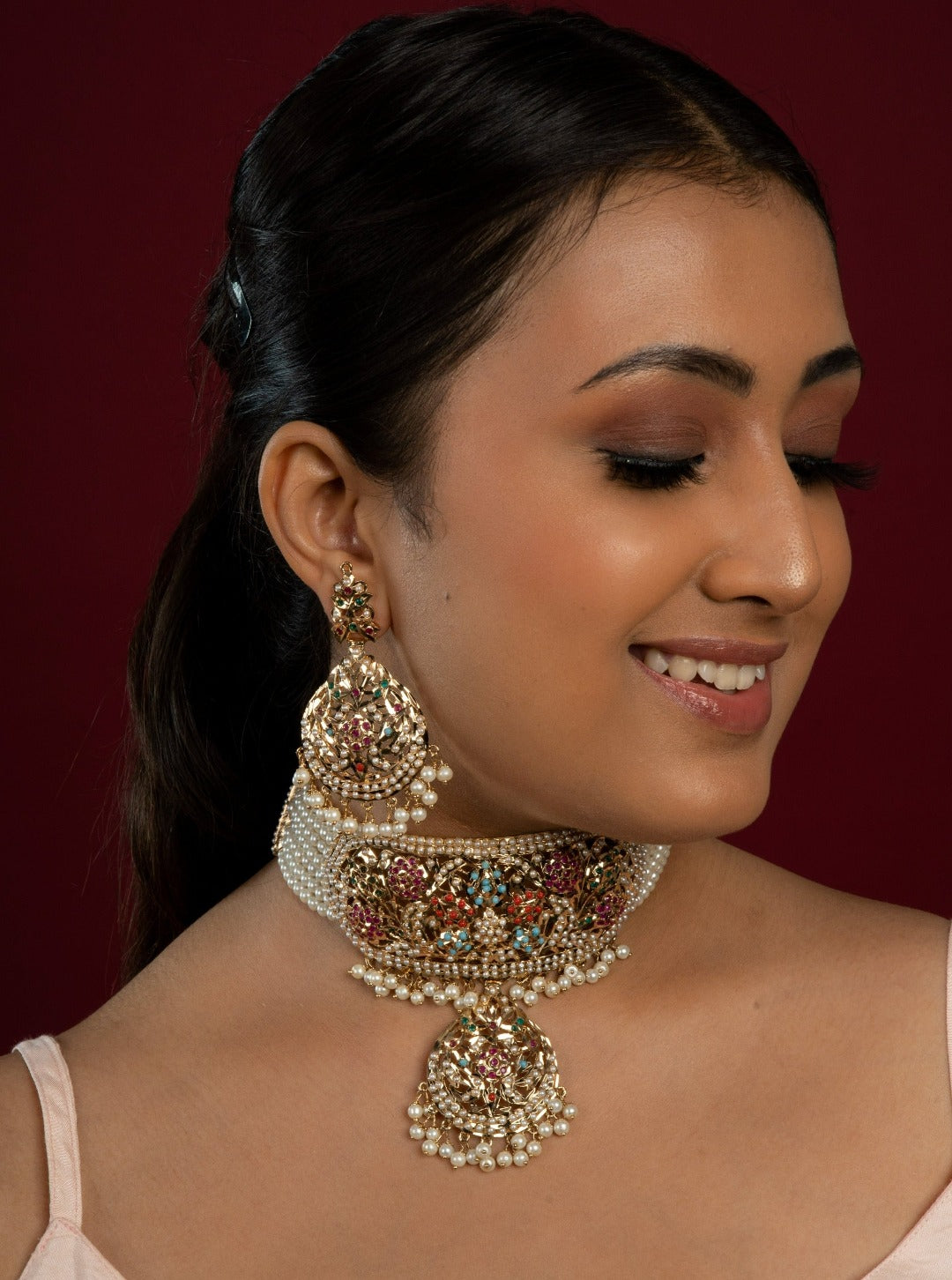Bridal Navratan Jadau Neckhugging Choker Set (Choker With Earrings Set) - QUEENS JEWELS
