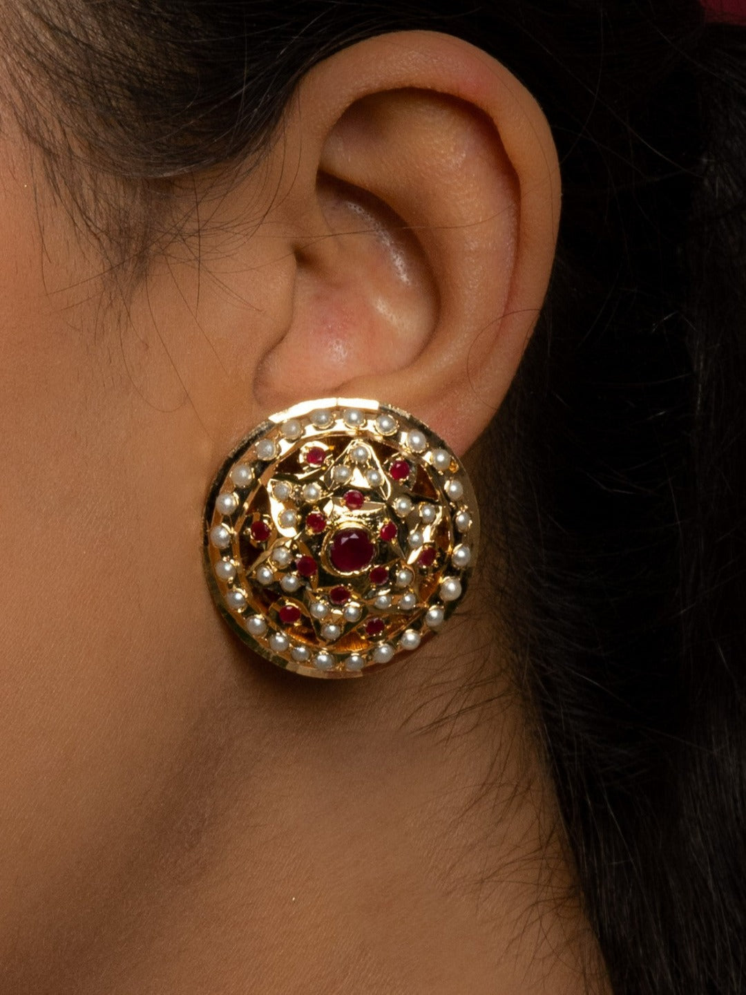 Afia Jadau Round Stud Earrings - QUEENS JEWELS