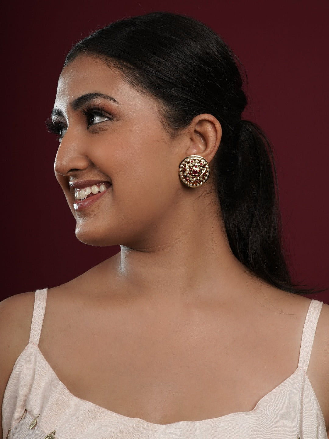 Afia Jadau Round Stud Earrings - QUEENS JEWELS