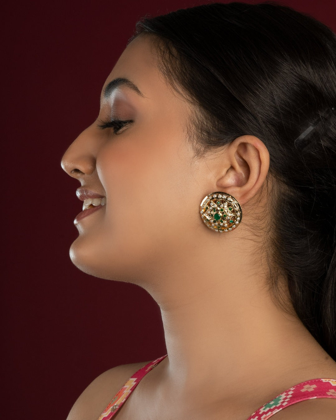 Afia Jadau Round Stud Earrings - QUEENS JEWELS