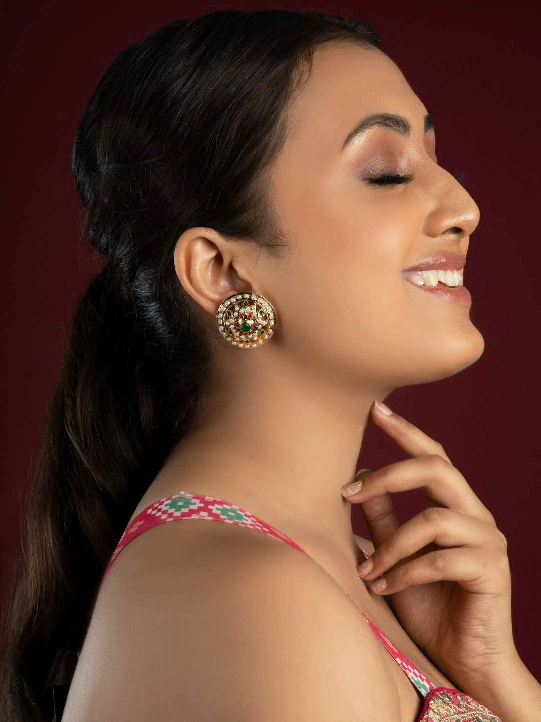 Afia Jadau Round Stud Earrings - QUEENS JEWELS