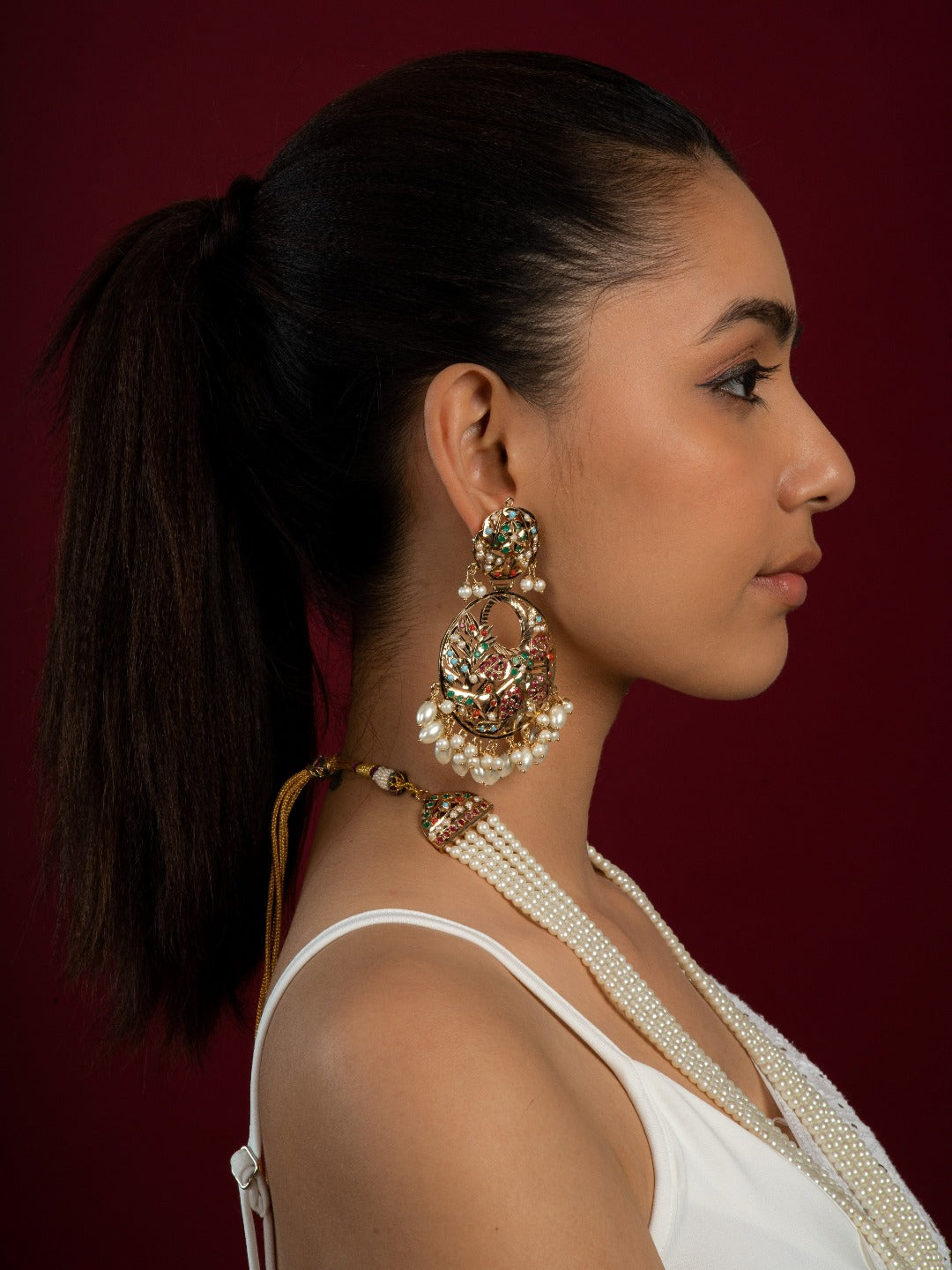 Bridal Traditional Navratan Jadau Pendant Set (Necklace with Earrings Set) - QUEENS JEWELS