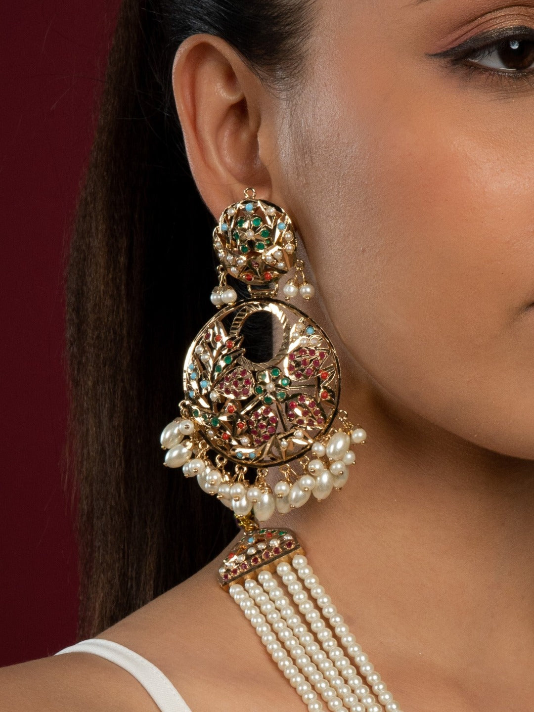 Bridal Traditional Navratan Jadau Pendant Set (Necklace with Earrings Set) - QUEENS JEWELS