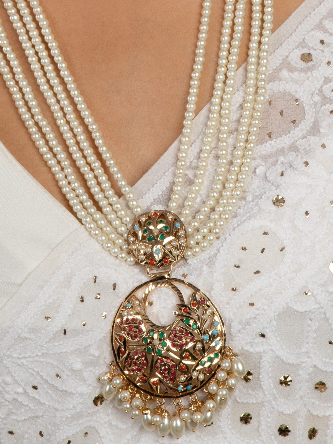 Bridal Traditional Navratan Jadau Pendant Set (Necklace with Earrings Set) - QUEENS JEWELS