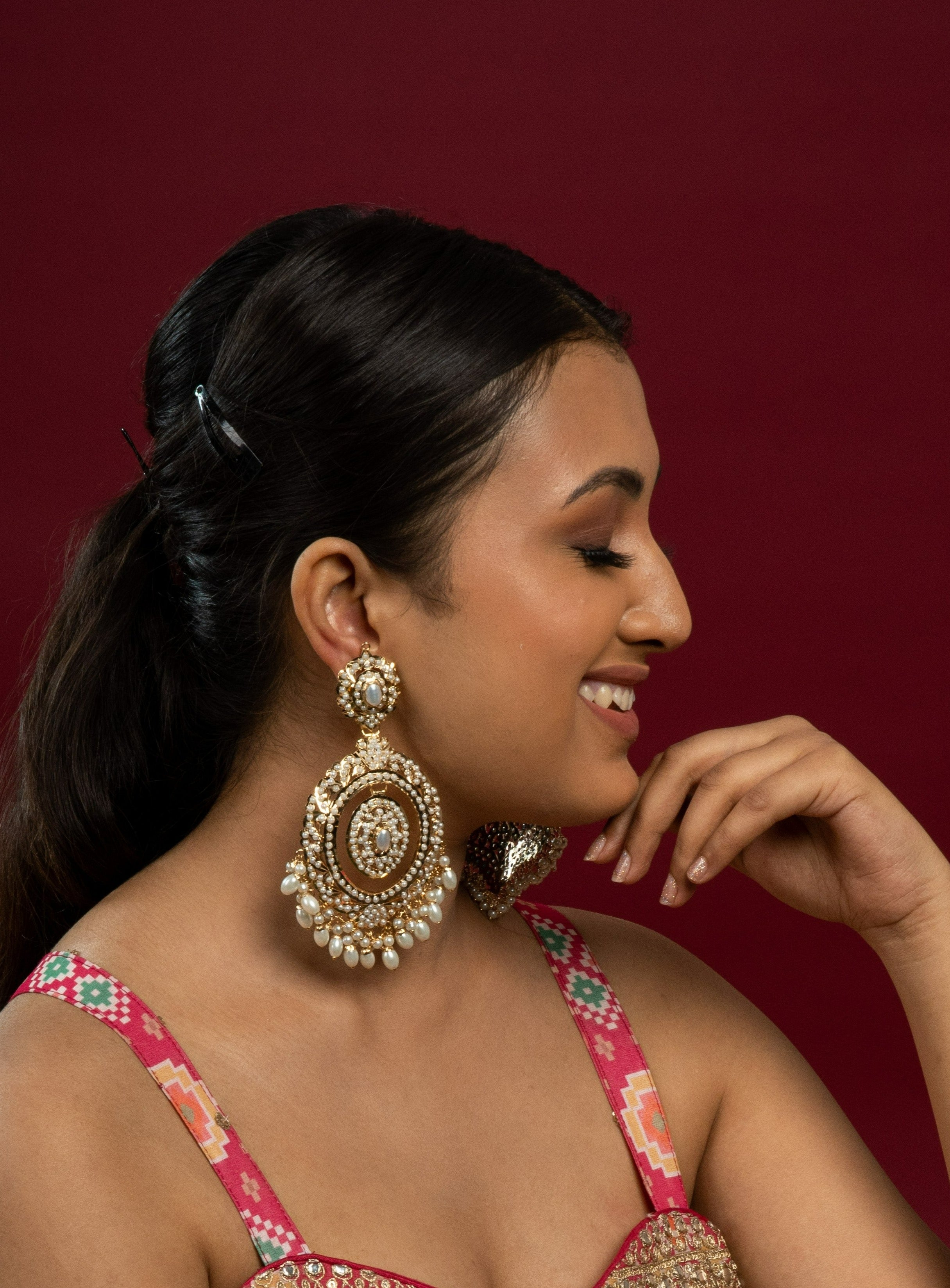 Prisha White Jadau Chaandbali Earrings - QUEENS JEWELS