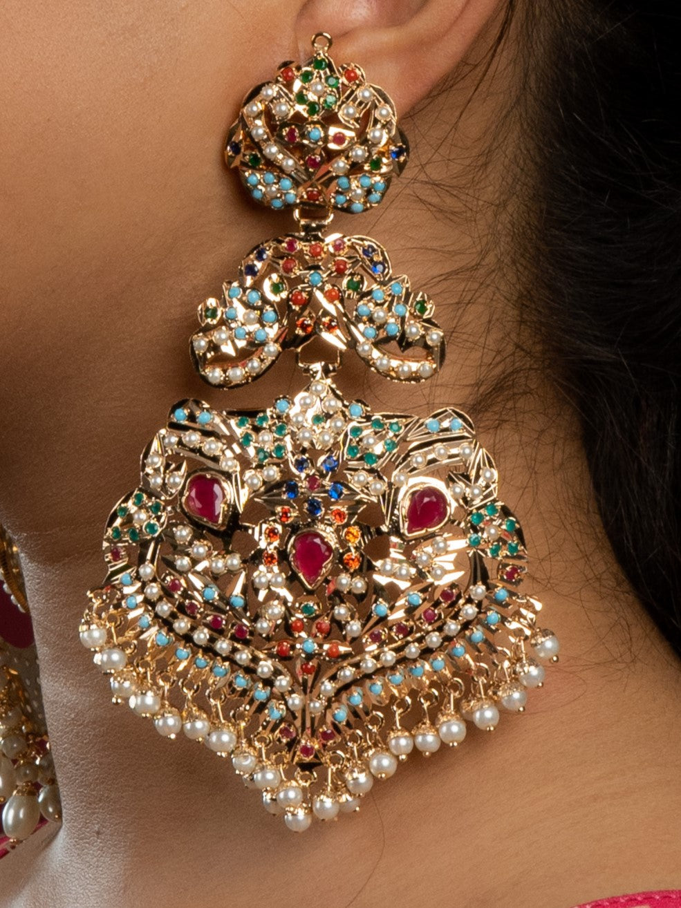 Pankh Chaandbali Navratan Classic Jadau Earrings - QUEENS JEWELS