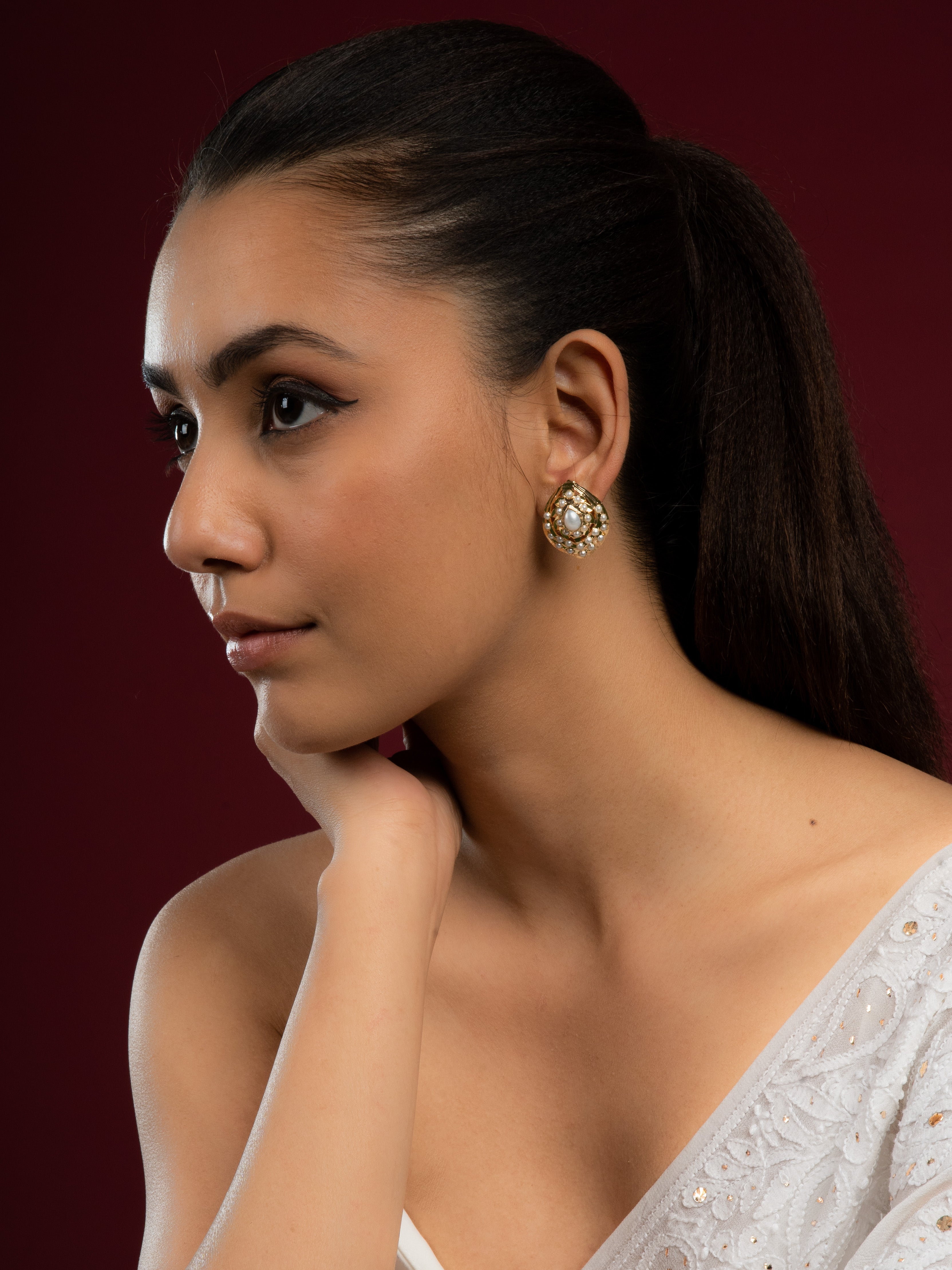 Pearl White Meera Jadau Studs Earrings - QUEENS JEWELS