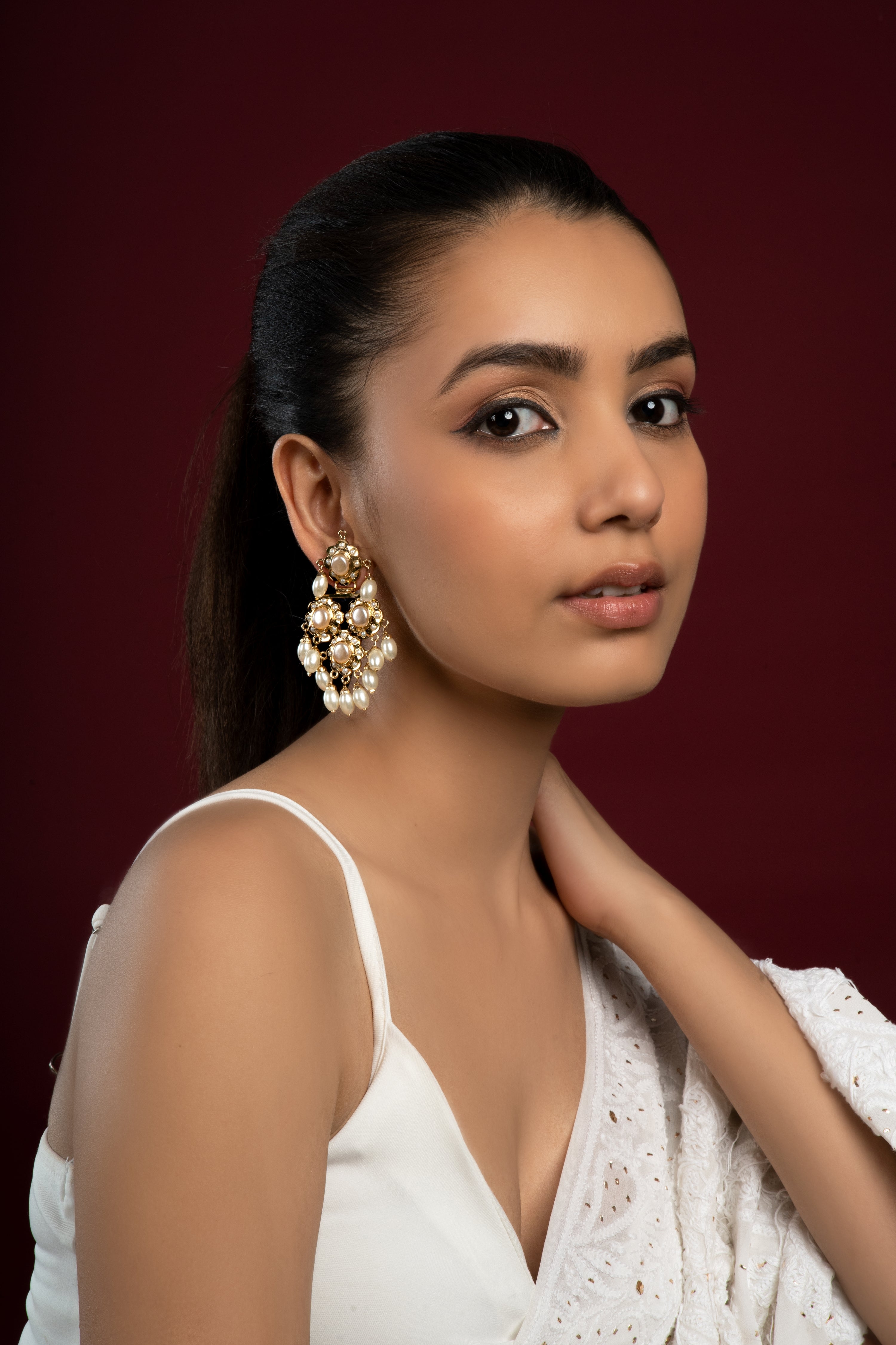 Pearl White Jadau Earrings - QUEENS JEWELS