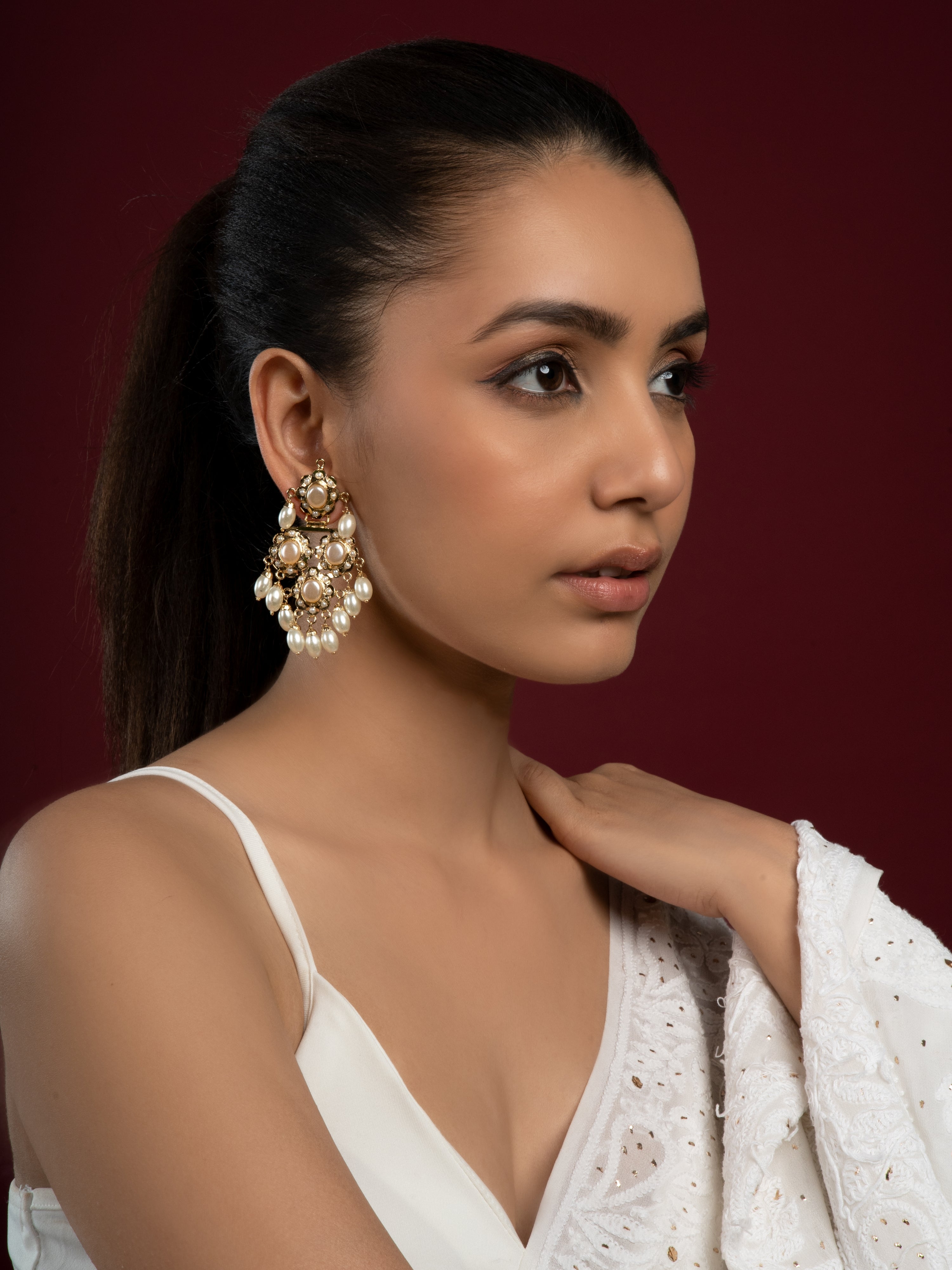 Pearl White Jadau Earrings - QUEENS JEWELS