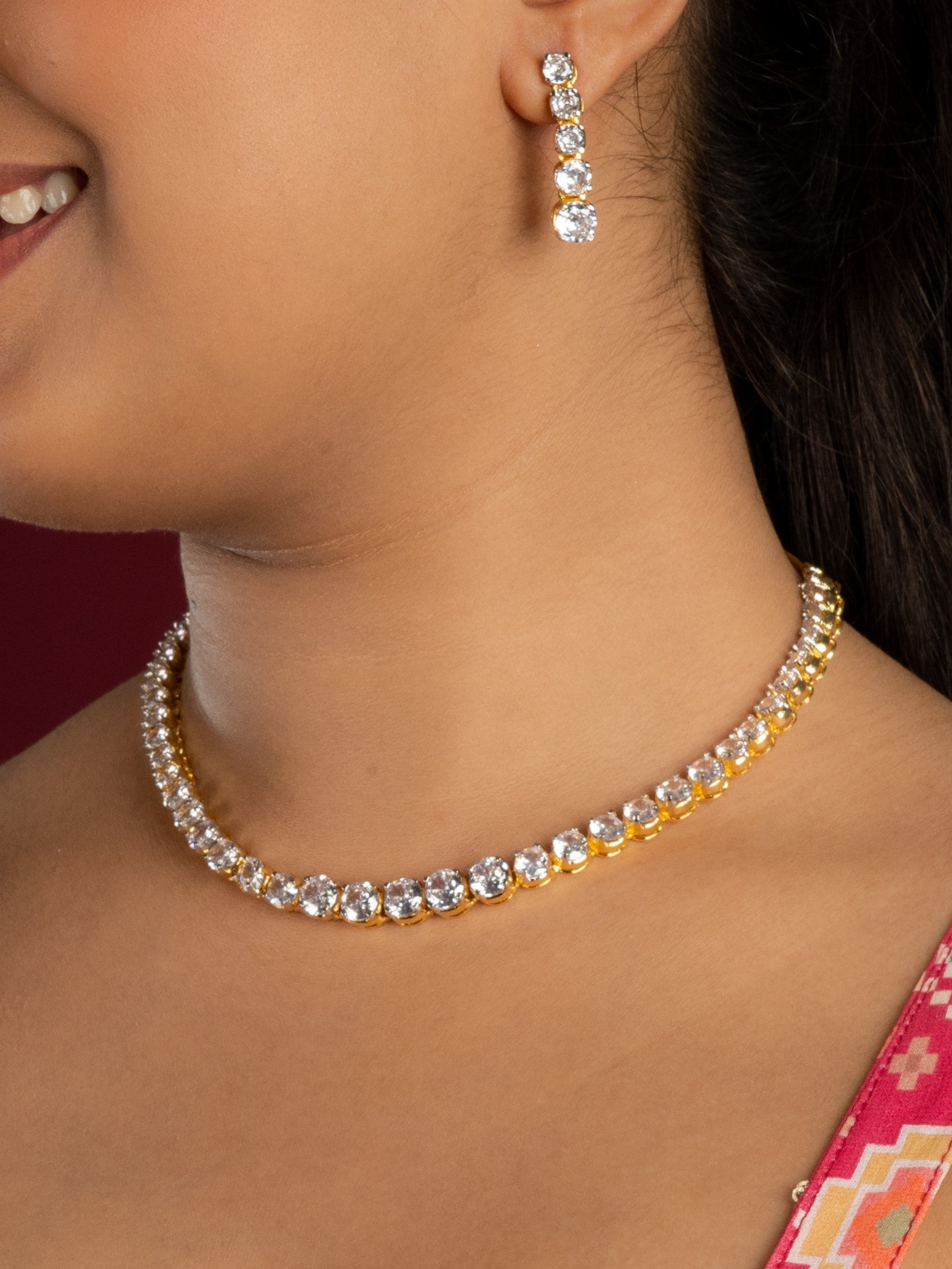 Shimmering American Diamond Choker Set (Necklace With Earrings Set) - QUEENS JEWELS