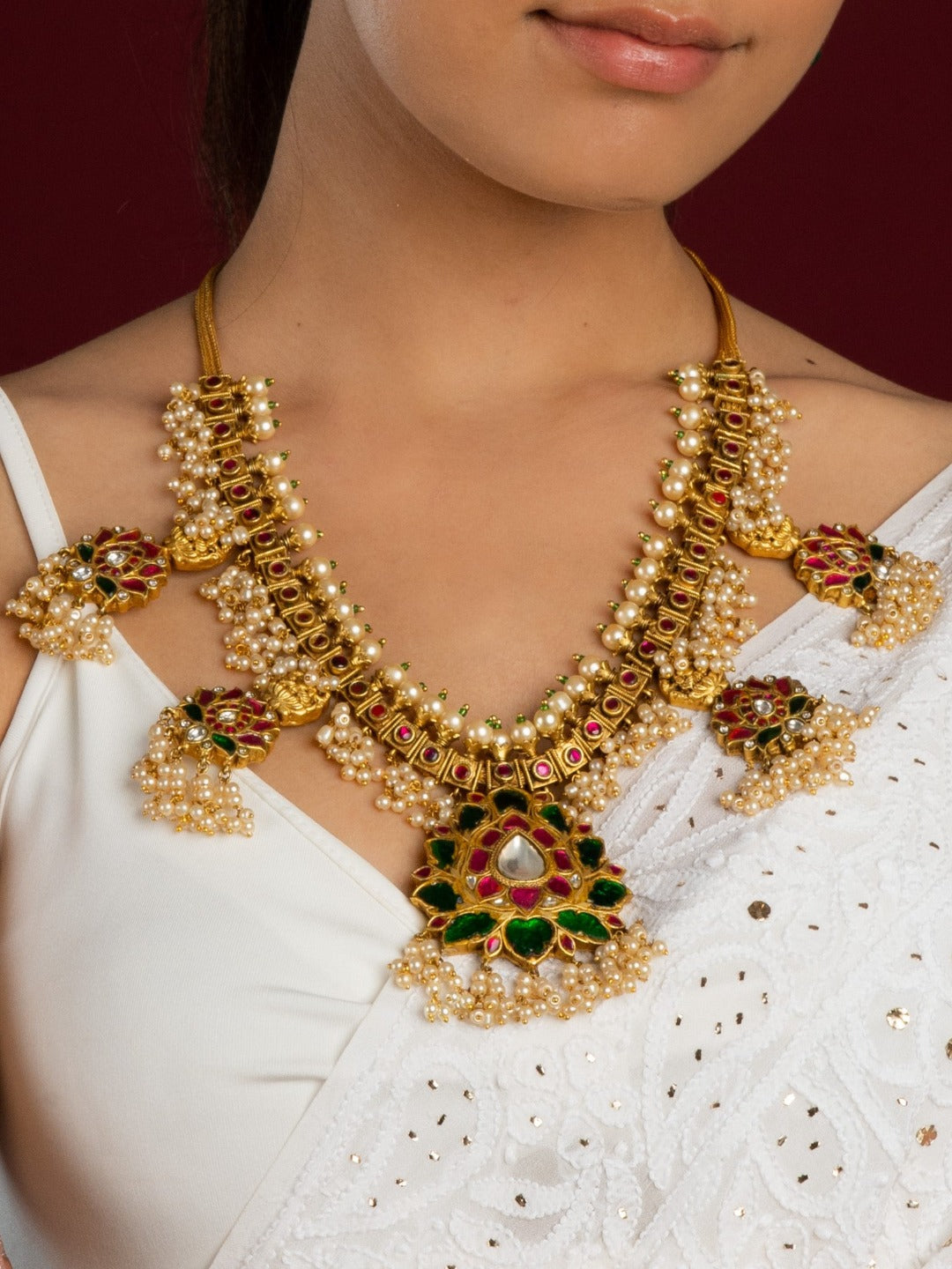 Bridal Lotus Shaped Multicolour Temple Necklace Set (Necklace  With Earrings Set) - QUEENS JEWELS