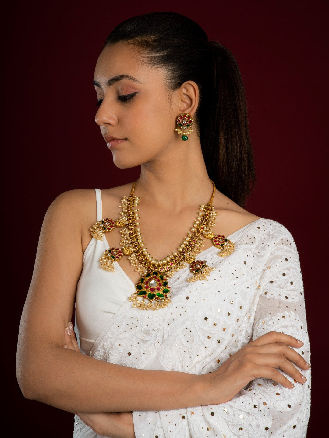 Bridal Lotus Shaped Multicolour Temple Necklace Set (Necklace With Earrings Set) - QUEENS JEWELS