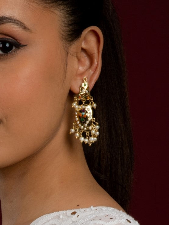 Kairi Jadau Small Chaandbali Earrings (Gold plated with multicolour stones) - QUEENS JEWELS