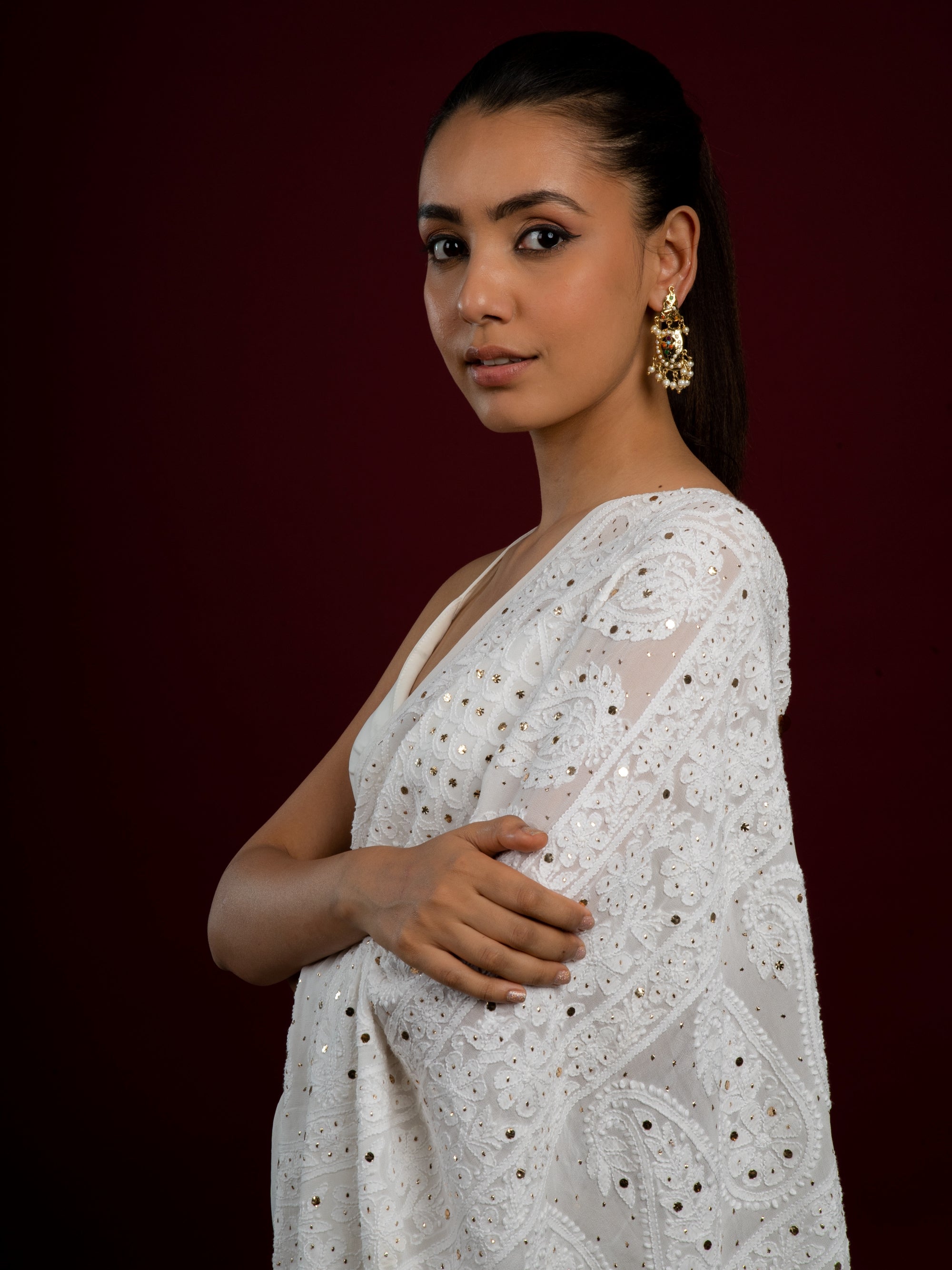 Kairi Jadau Small Chaandbali Earrings (Gold plated with multicolour stones) - QUEENS JEWELS