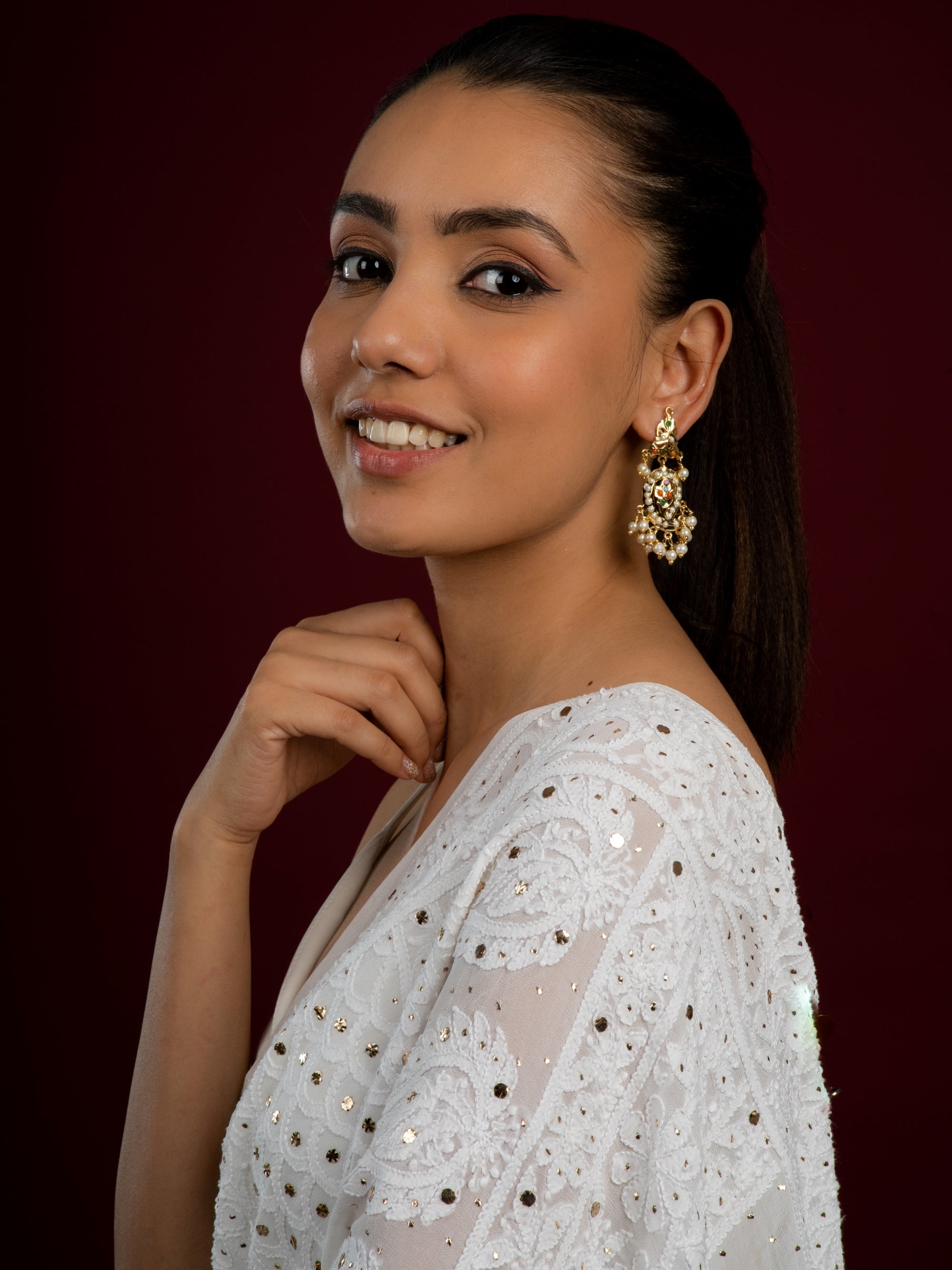 Kairi Jadau Small Chaandbali Earrings (Gold plated with multicolour stones) - QUEENS JEWELS