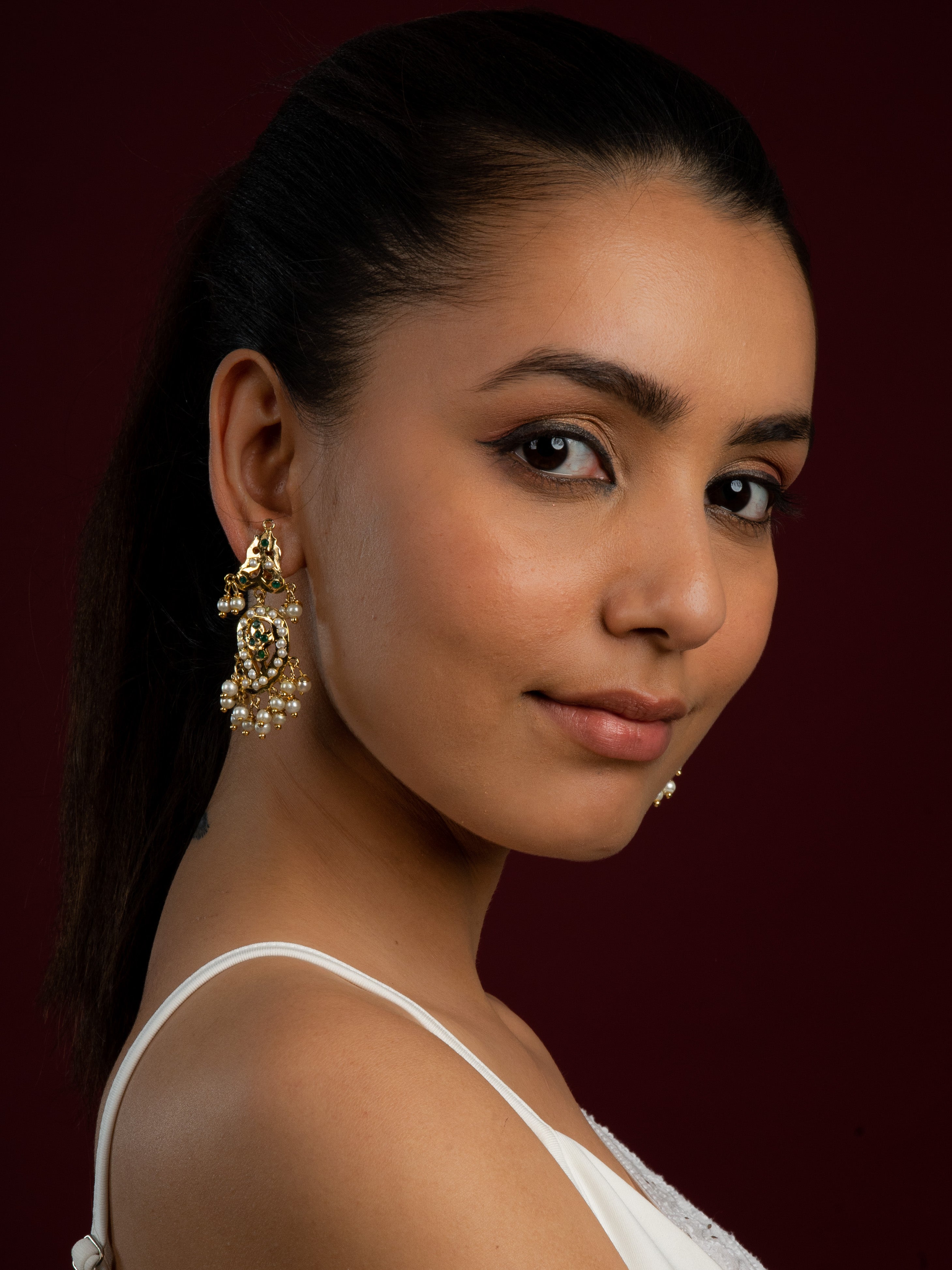 Kairi Jadau Small Chaandbali Earrings (Gold plated with Emerald Green Stones and White Pearls) - QUEENS JEWELS