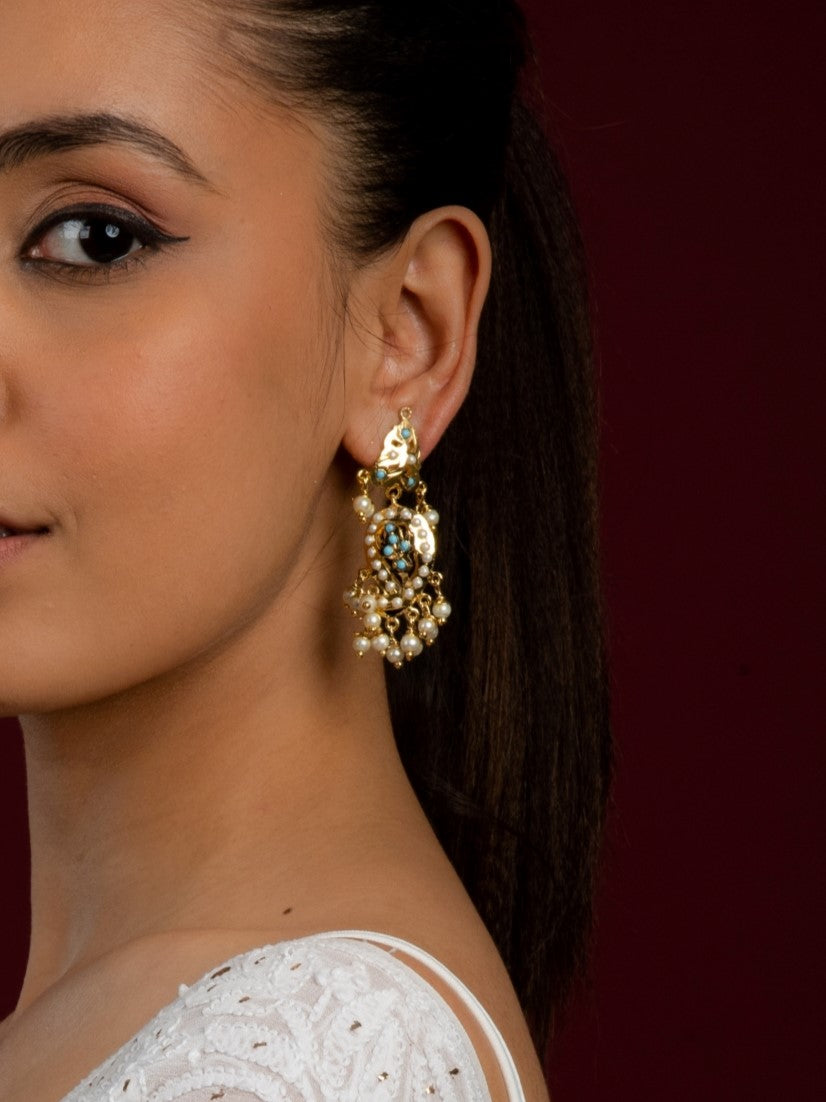 Kairi Jadau Small Chaandbali Earrings (Gold plated with Ferozah & Pearls) - QUEENS JEWELS