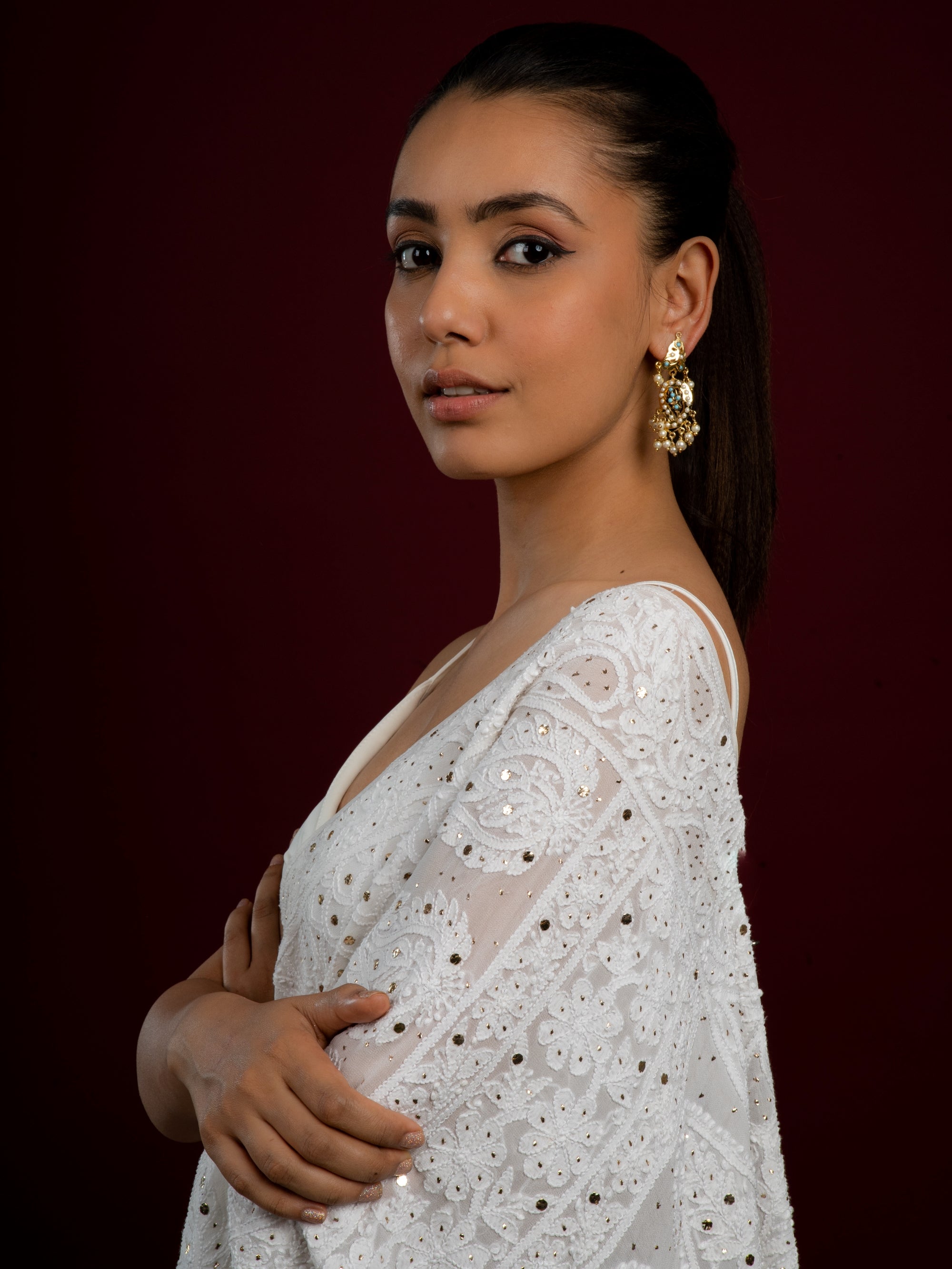 Kairi Jadau Small Chaandbali Earrings (Gold plated with Ferozah & Pearls) - QUEENS JEWELS