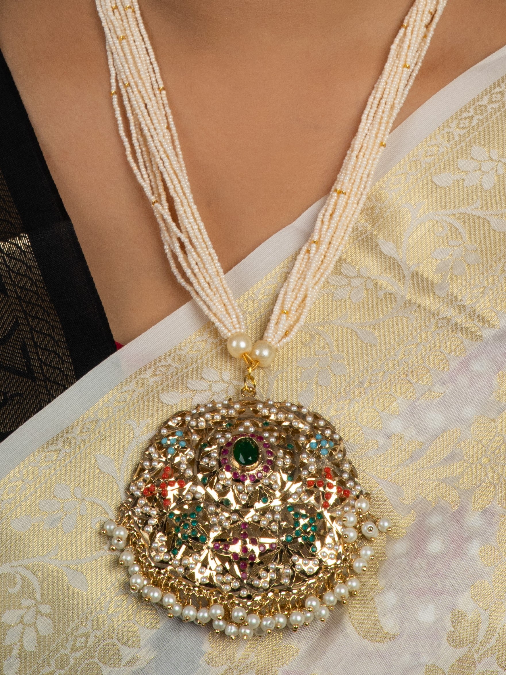 Floral Navratan Jadau Round Pendant Necklace - QUEENS JEWELS