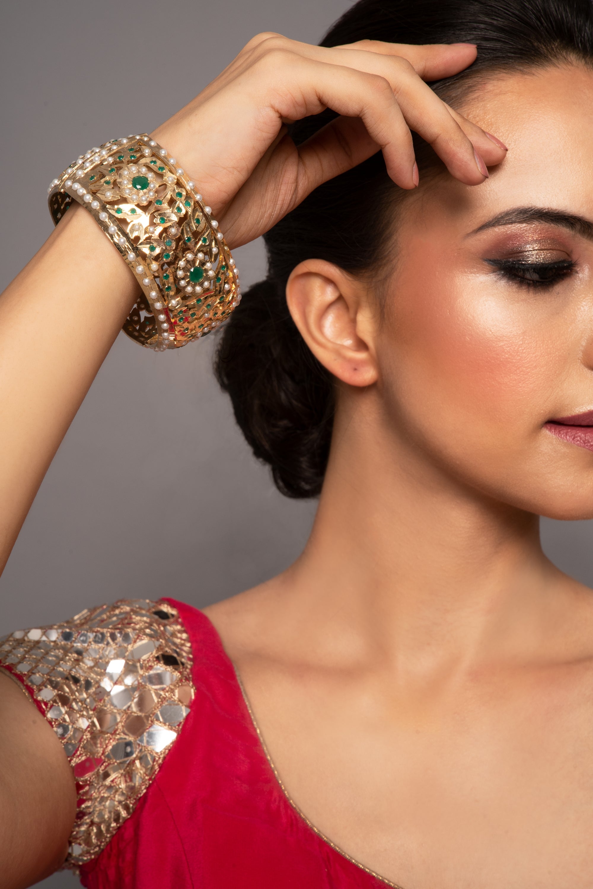 Amaira Green Broad Jadau Openable Kada - QUEENS JEWELS