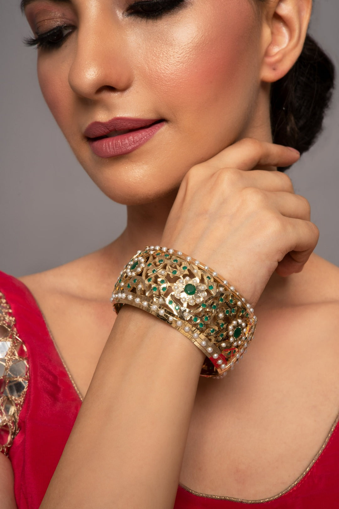 Amaira Green Broad Jadau Openable Kada - QUEENS JEWELS