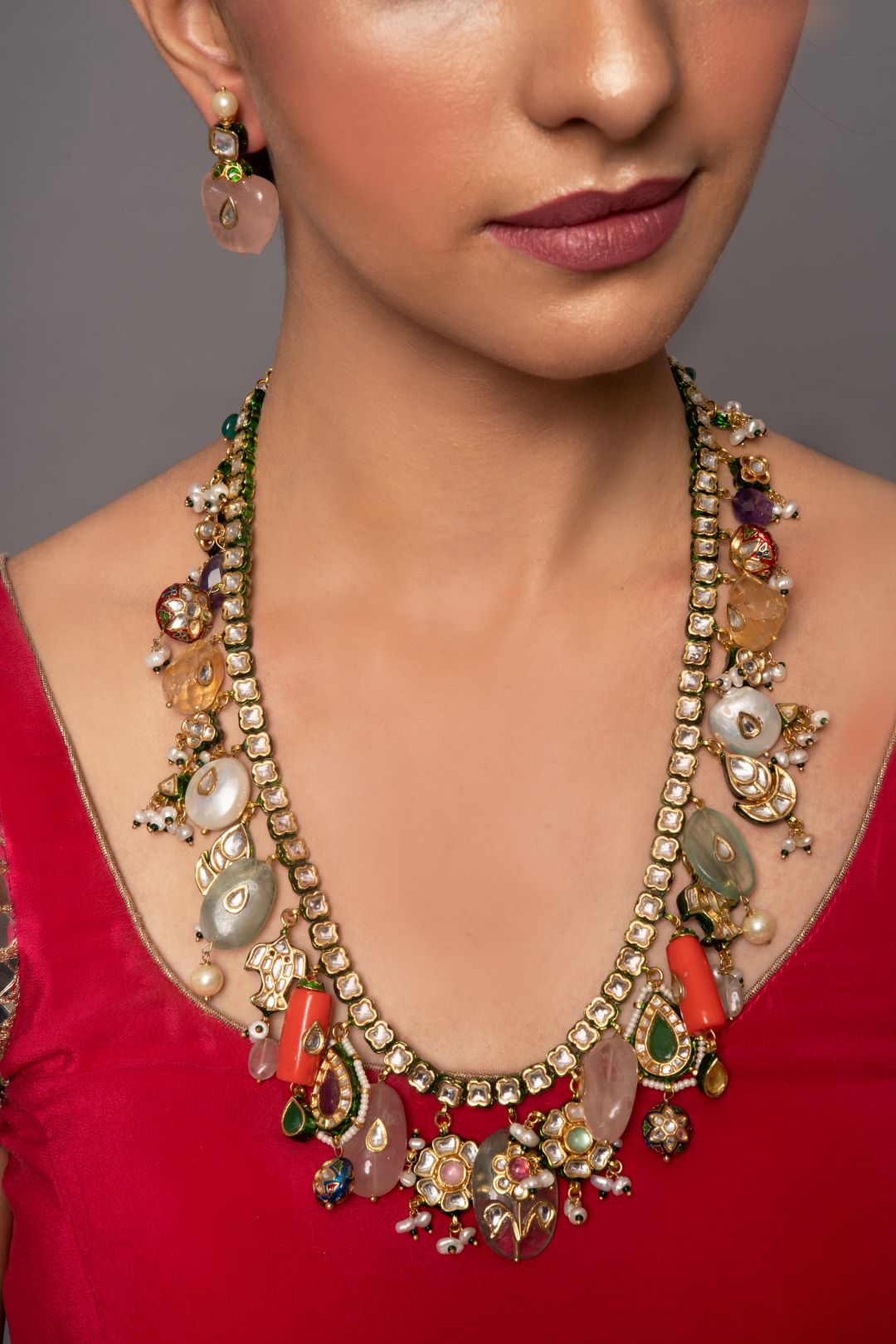 Saanvi Navratan Long Kundan Necklace Set with Earrings - QUEENS JEWELS