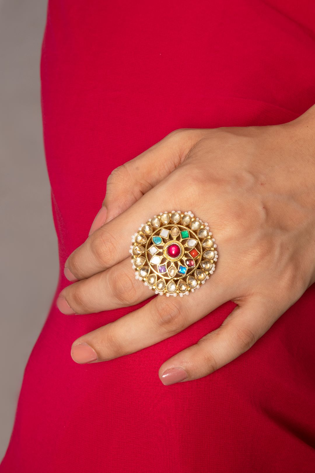Vanya Navratan Kundan Adjustable Ring - QUEENS JEWELS