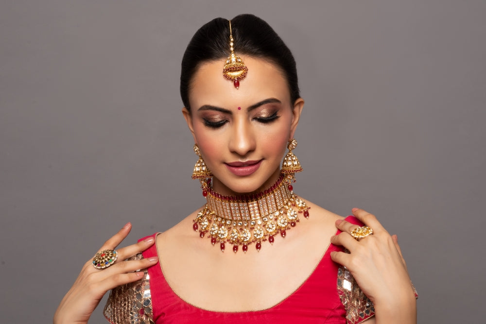 Naira Ruby Red Kundan Choker Set with Earrings & Mangtikka - QUEENS JEWELS