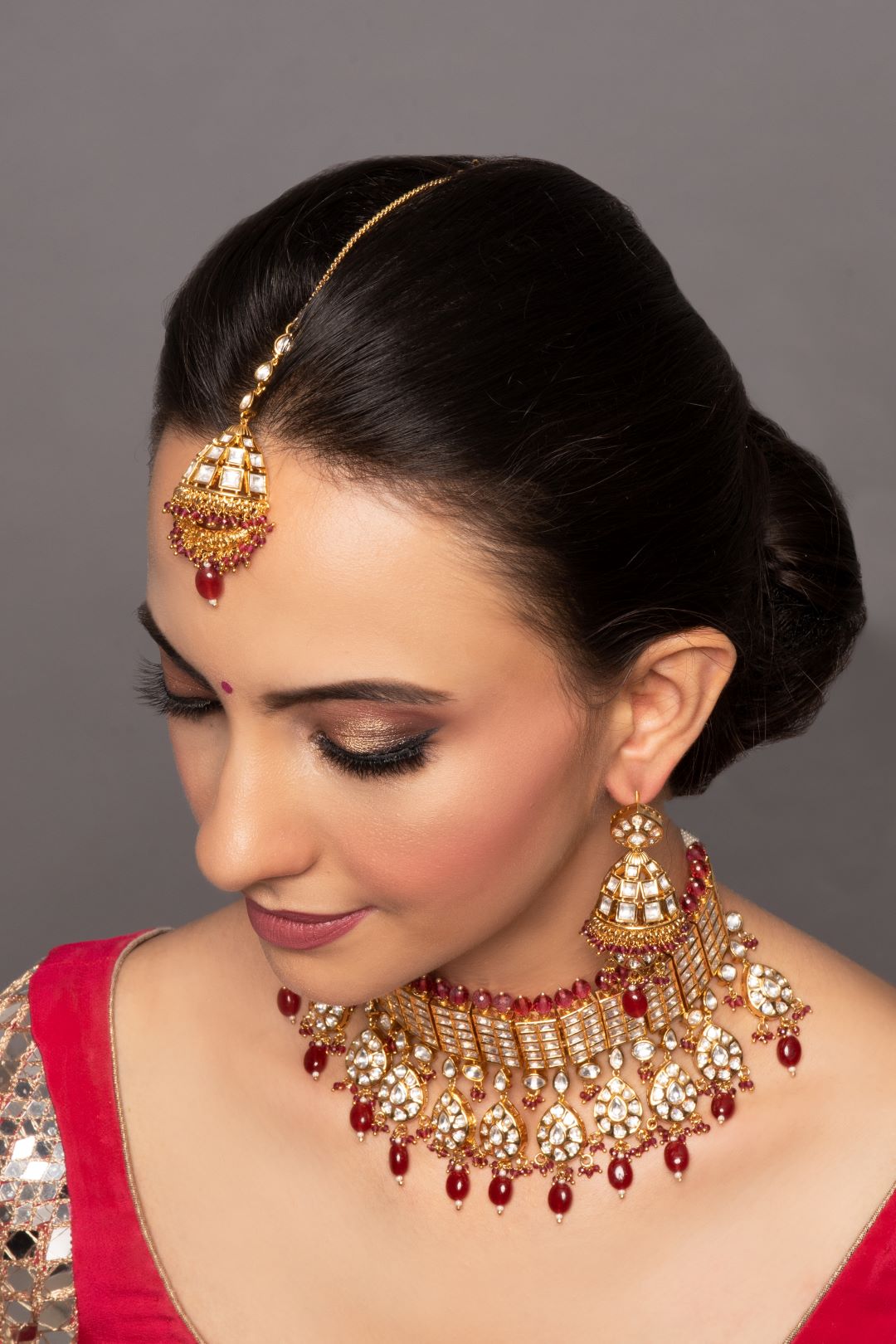 Naira Ruby Red Kundan Choker Set with Earrings & Mangtikka - QUEENS JEWELS