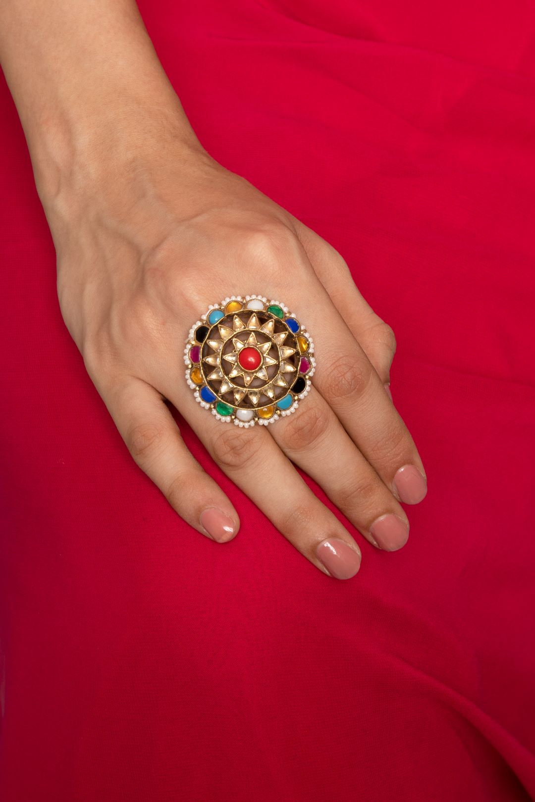 Nysa Navratan Kundan Adjustable Ring - QUEENS JEWELS