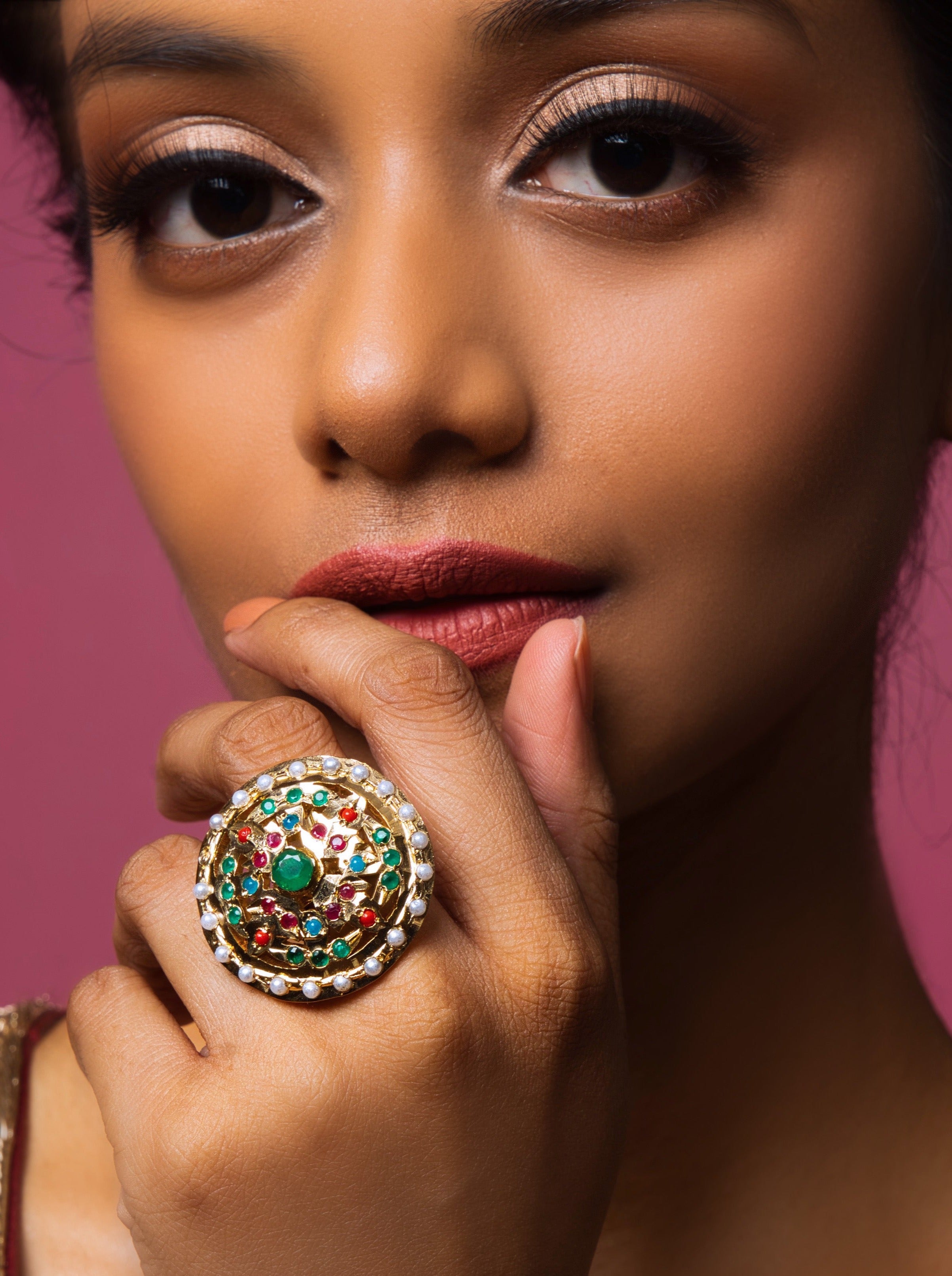 Royal Navratna Jadau Adjustable Ring - QUEENS JEWELS