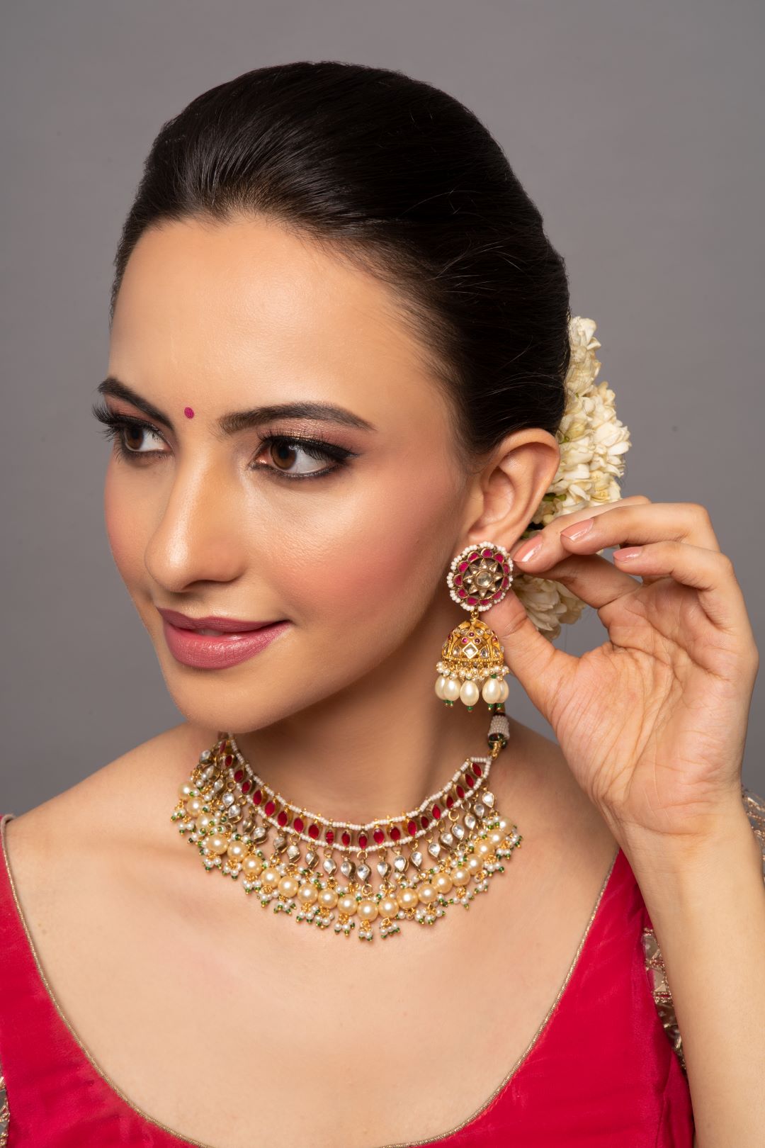 Trisha Ruby Red & White Pearls Kundan Choker Set with Earrings - QUEENS JEWELS