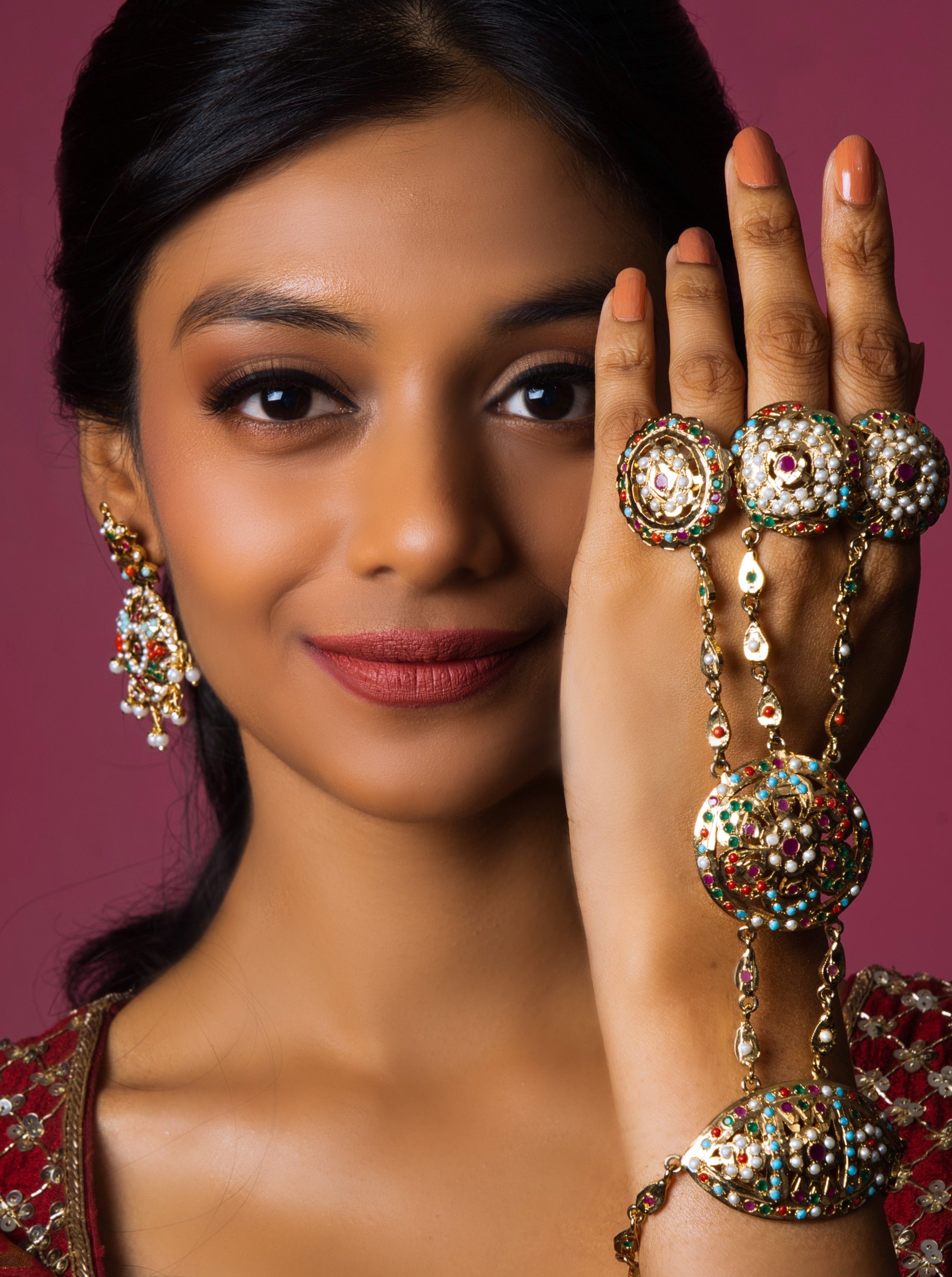 Navratan Jadau Hathphool Pair - QUEENS JEWELS