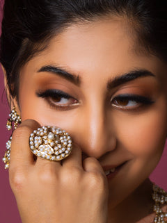 Pearl White Round Adjustable Jadau Ring - QUEENS JEWELS