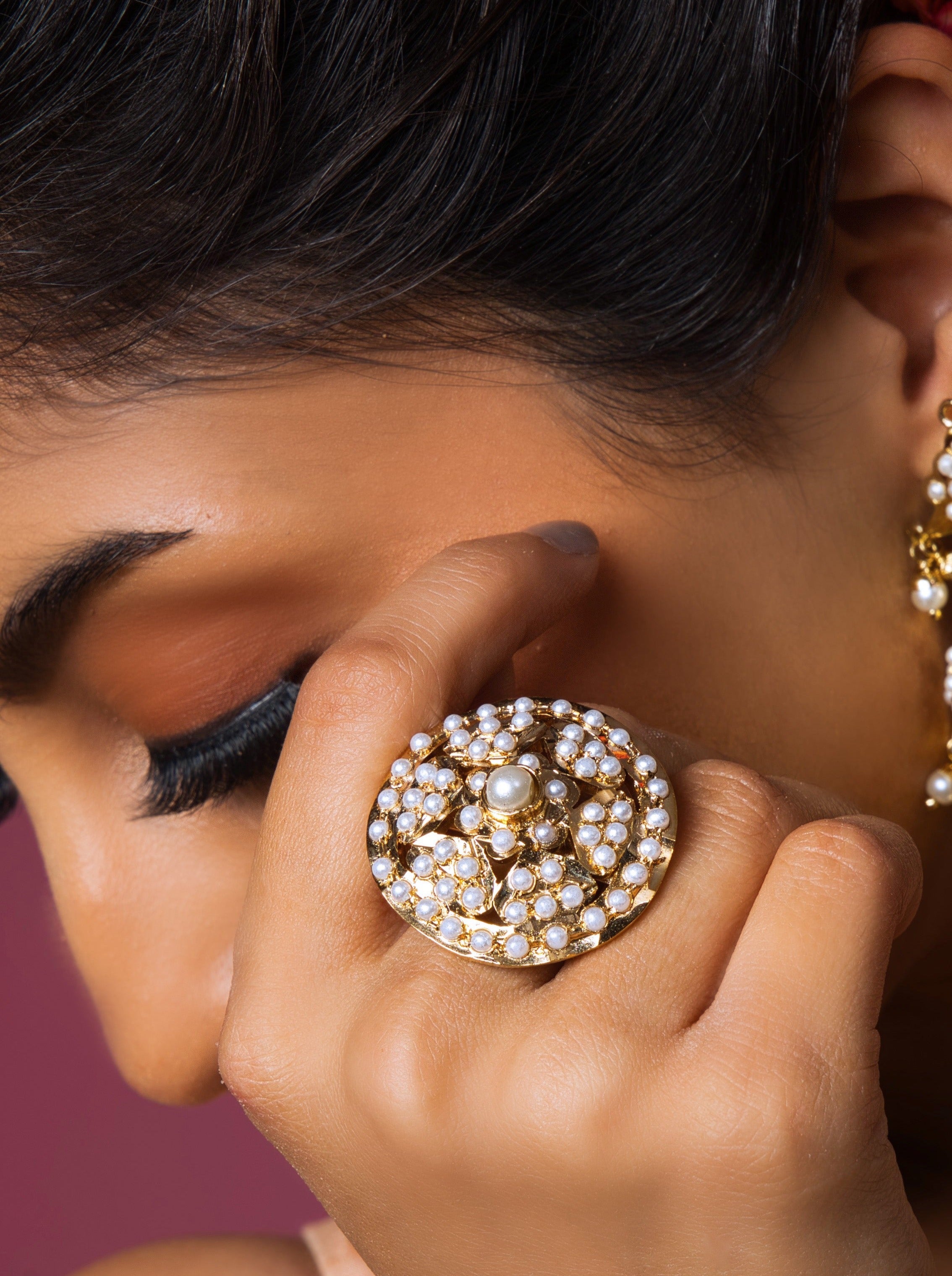 Pearl White Round Adjustable Jadau Ring - QUEENS JEWELS