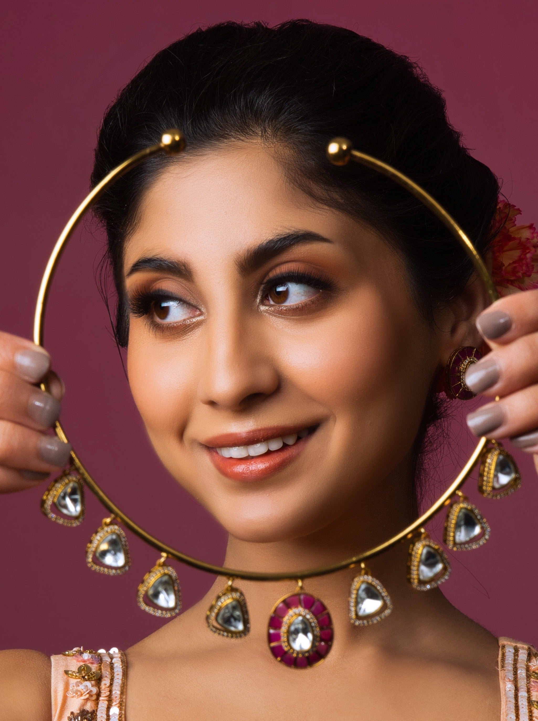 Crimson Red Kundan Elegance Collar - QUEENS JEWELS