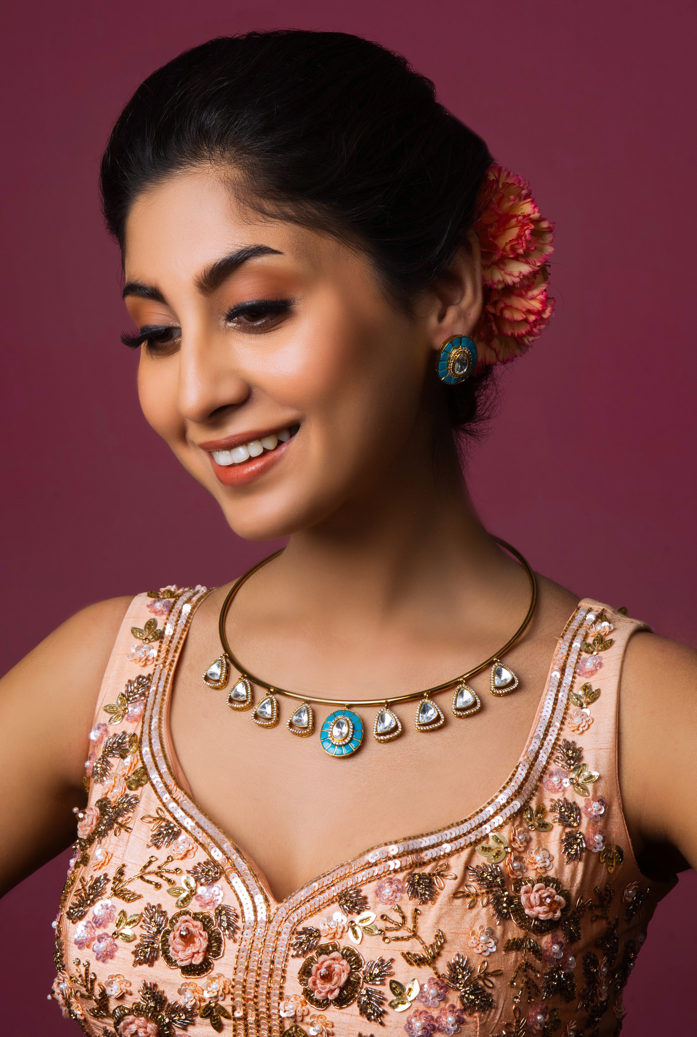 Karishma Polki Kundan Collar Choker Set with Colored Stones - QUEENS JEWELS