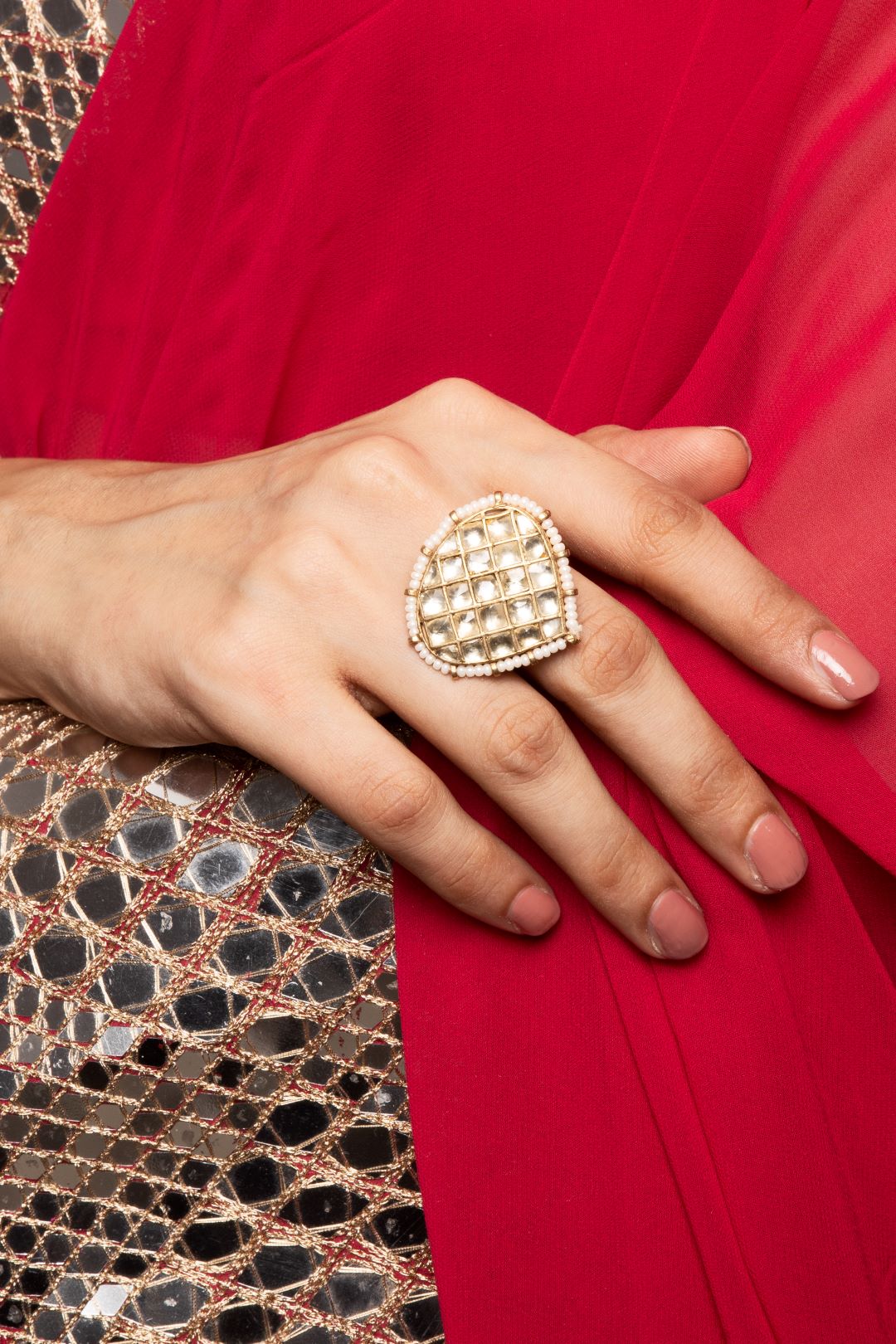 Kundan Heart Small Adjustable Ring - QUEENS JEWELS