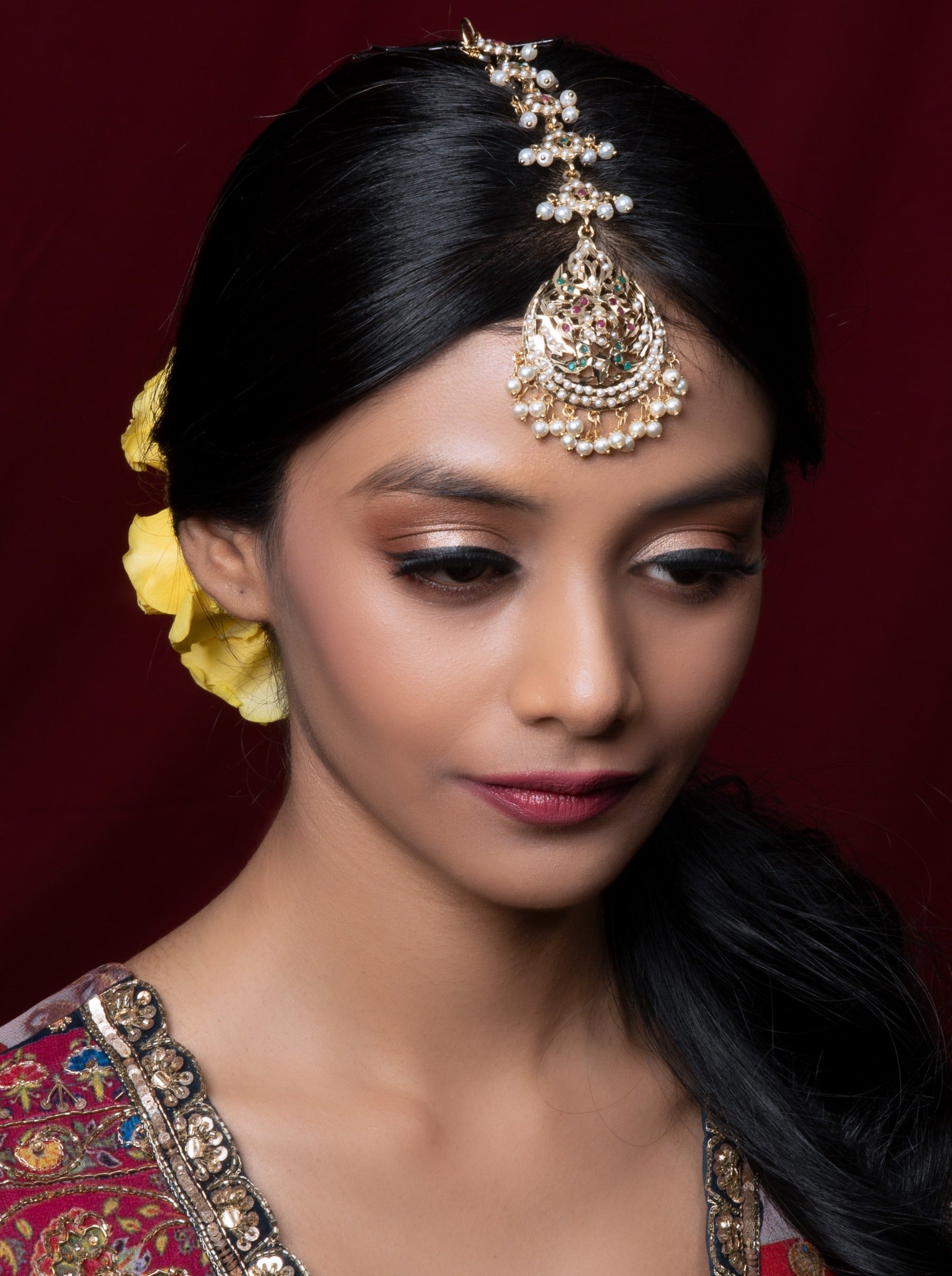 Multicoloured Pearl Jadau Maangtikka - QUEENS JEWELS