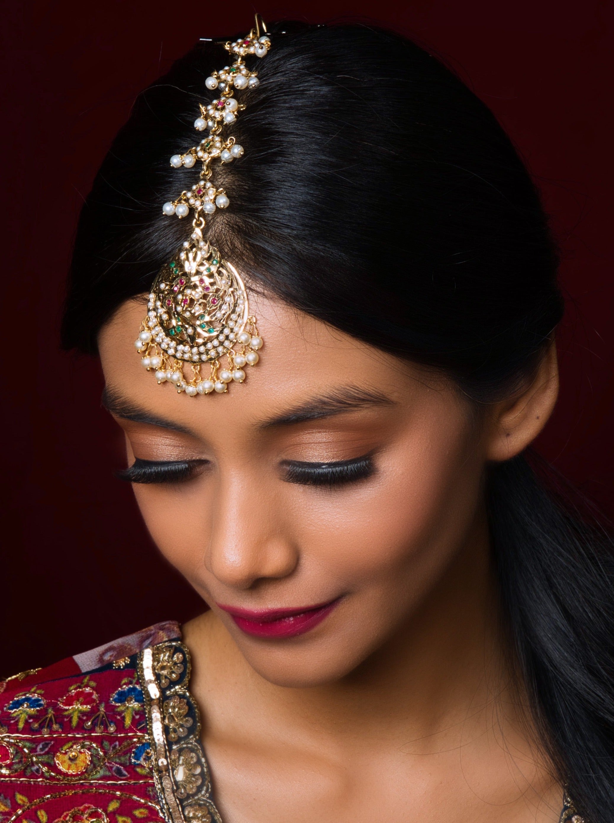 Multicoloured Pearl Jadau Maangtikka - QUEENS JEWELS