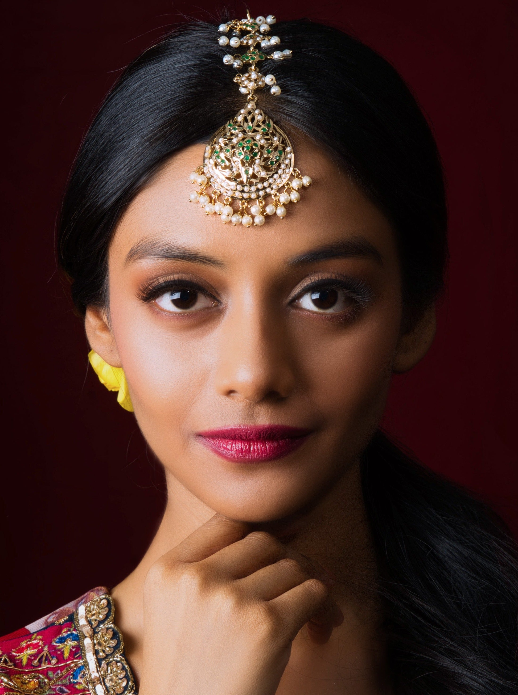 Opulent White Emerald Pearl Jadau Maangtikka - QUEENS JEWELS