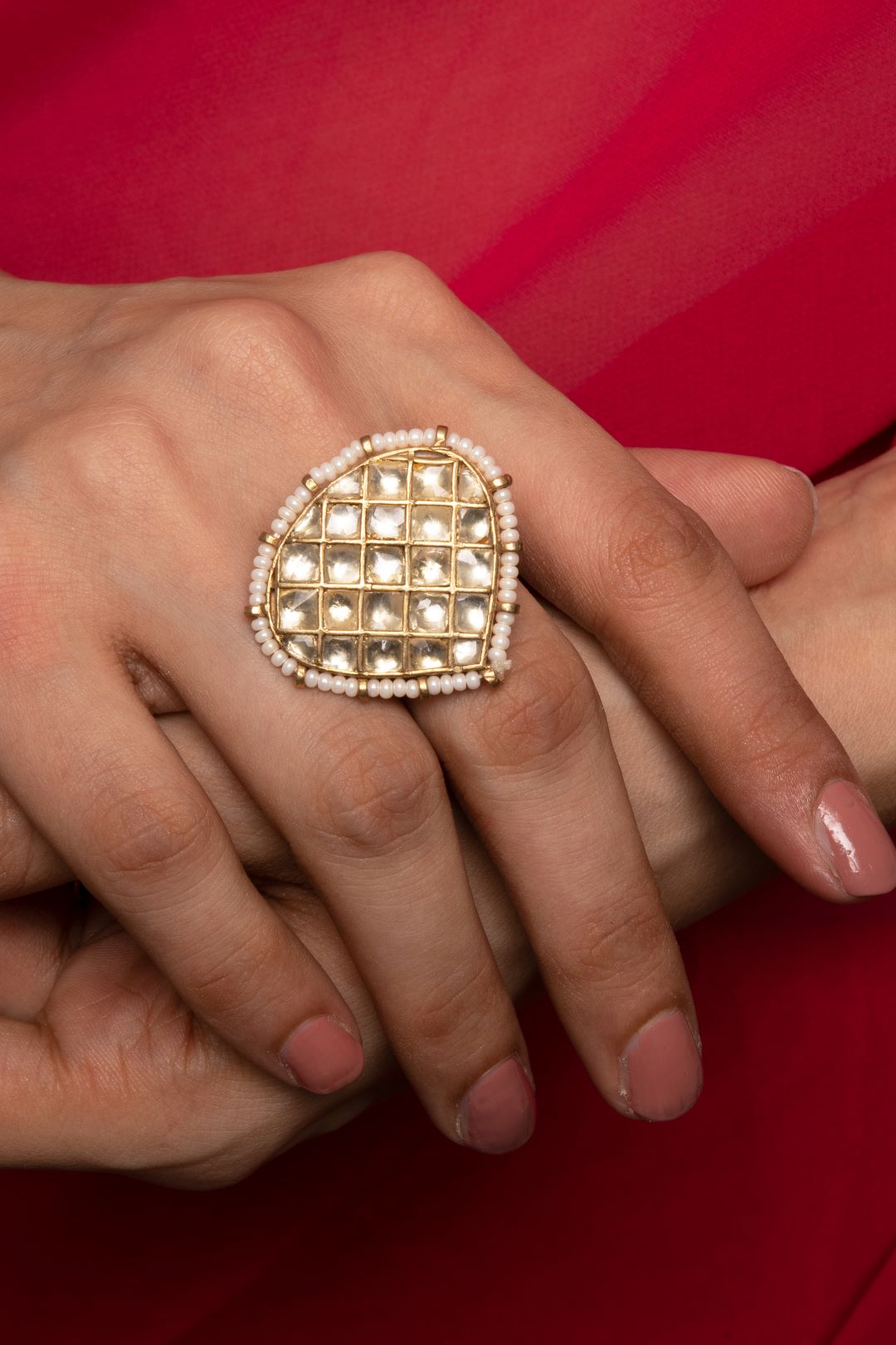 White Kundan Heart Adjustable Ring - QUEENS JEWELS