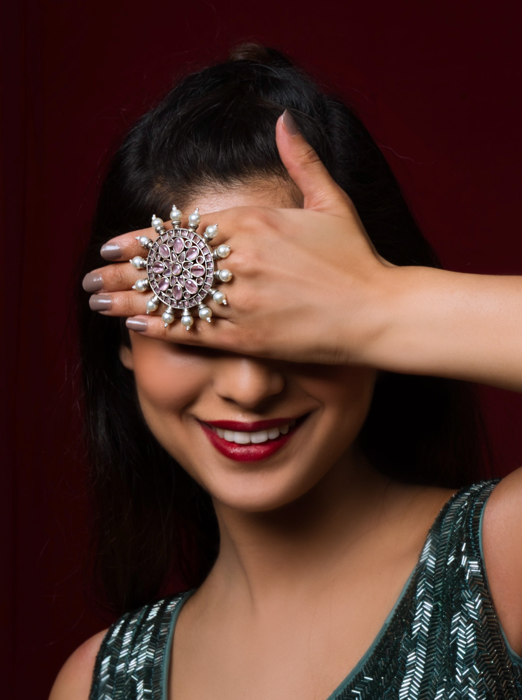 Oxidised Pearl Pink Round Ring - QUEENS JEWELS