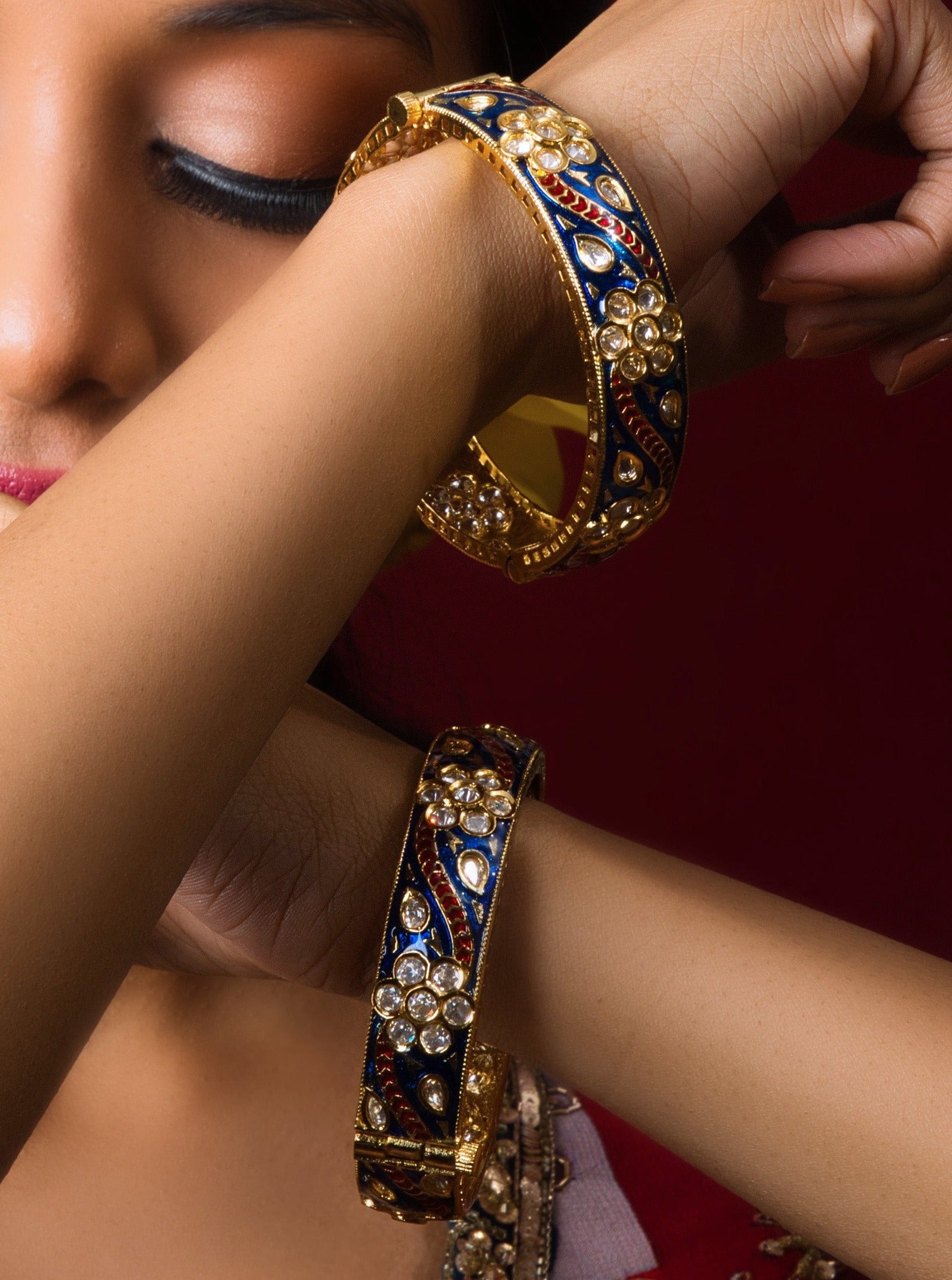 Royal Blue Meena Kundan Bangle Pair - QUEENS JEWELS