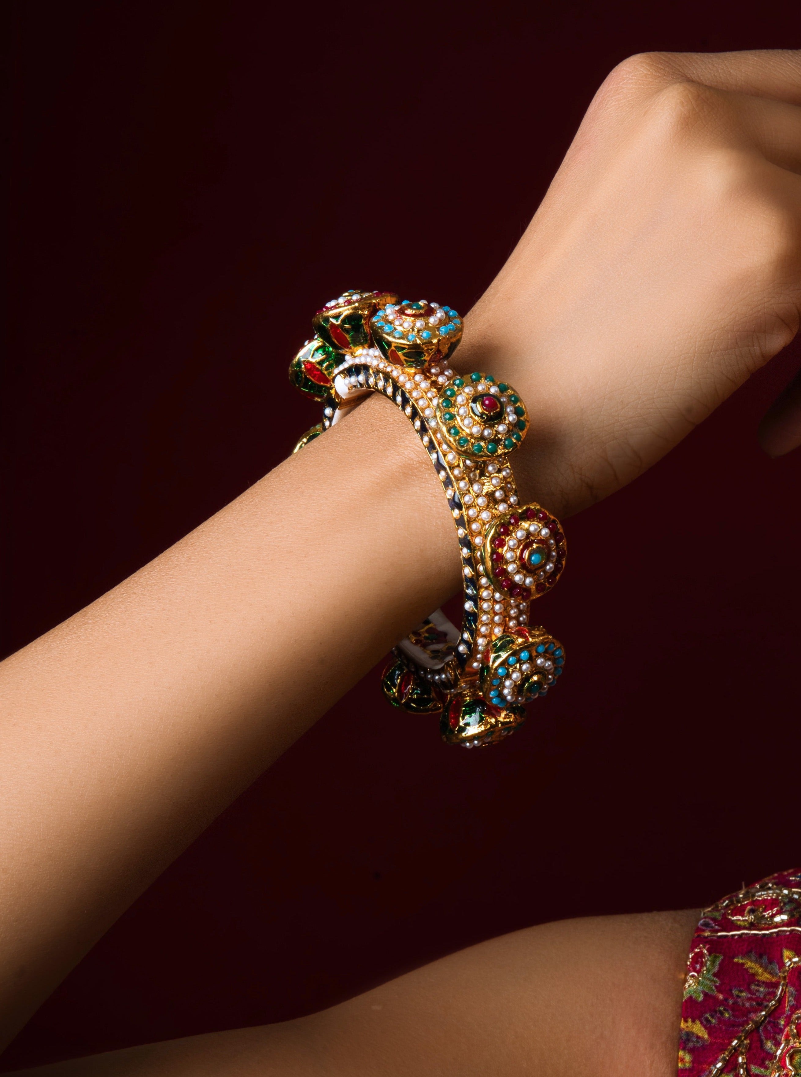 Navratan Multi-Colored Gold-Plated Jadau Openable Bangle - QUEENS JEWELS