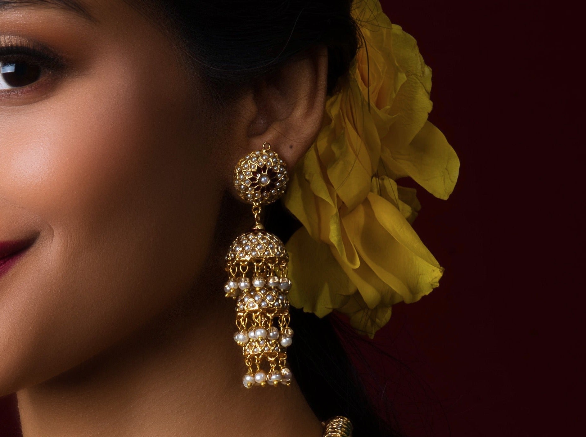 Pearl White Jadau Sonamoti Jhumki Earrings (Triple Layer) - QUEENS JEWELS