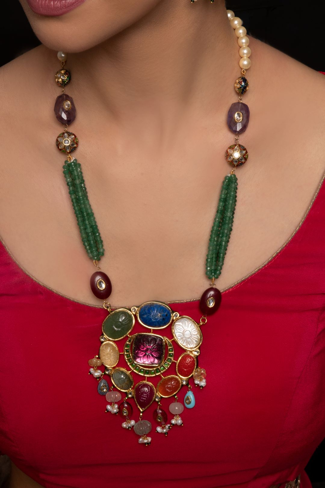 Advita Navratan Long Kundan Necklace Set with Earrings - QUEENS JEWELS