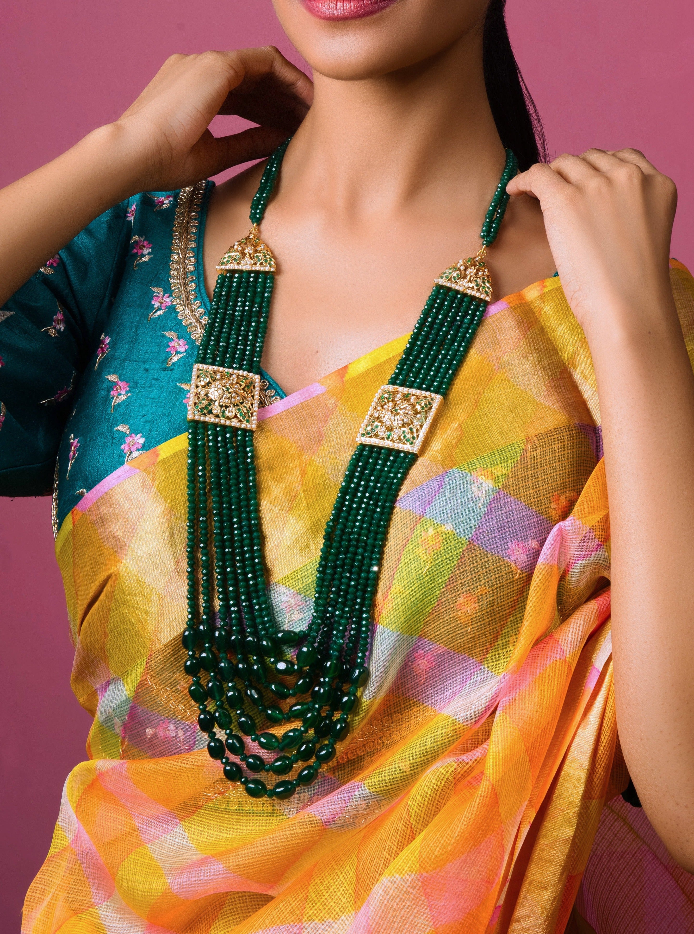 Emerald Green Jadau Tukdi Necklace - QUEENS JEWELS